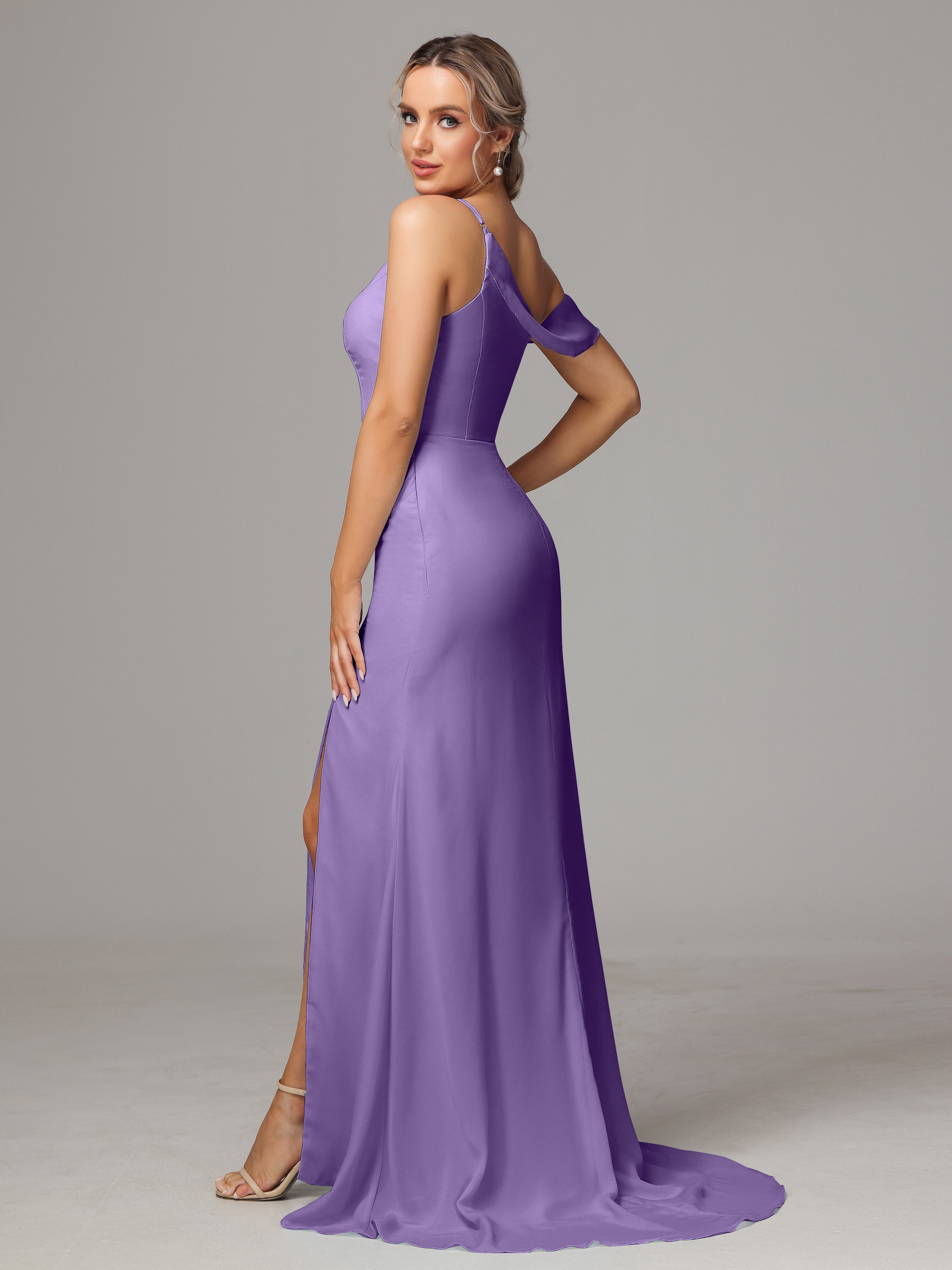 Robes De Demoiselle D'Honneur Tahiti Seule-Épaule Fendue A-Ligne Mousseline Longue