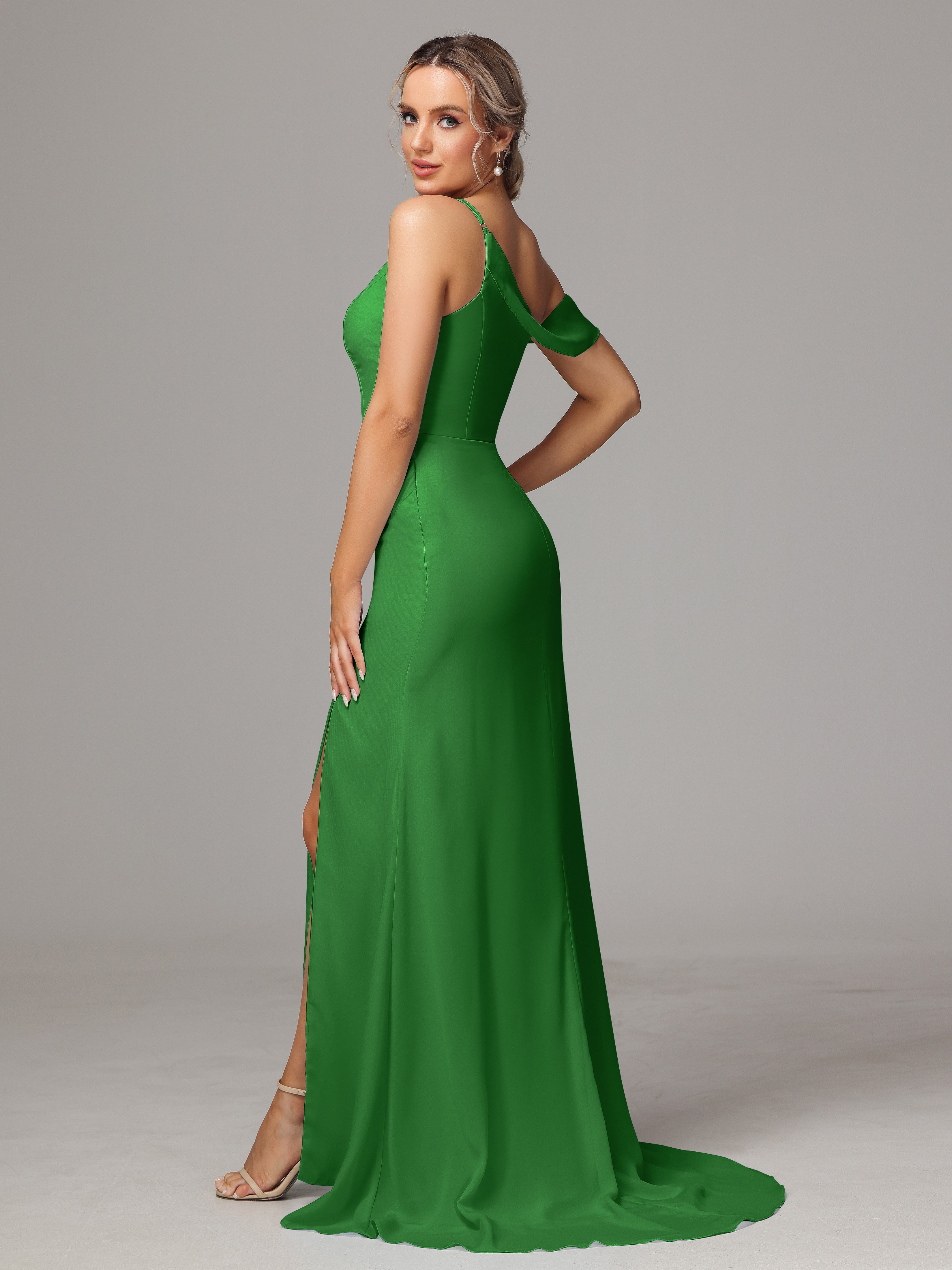Robe Longue Verte Demoiselle D Honneur Seule-Épaule Fendue A-Ligne Mousseline Longue