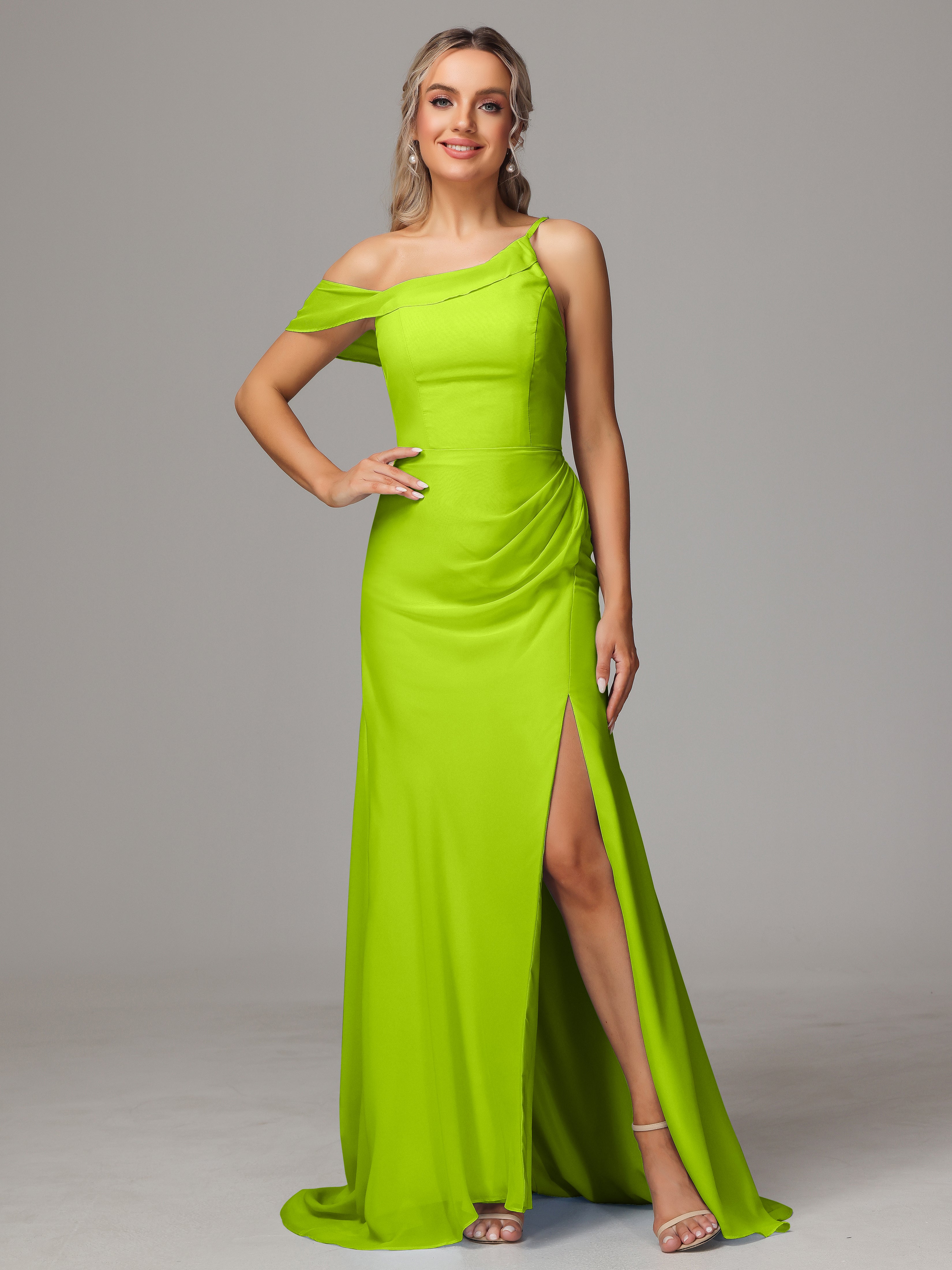 Robes De Demoiselle D'Honneur Vert Citron Seule-Épaule Fendue A-Ligne Mousseline Longue