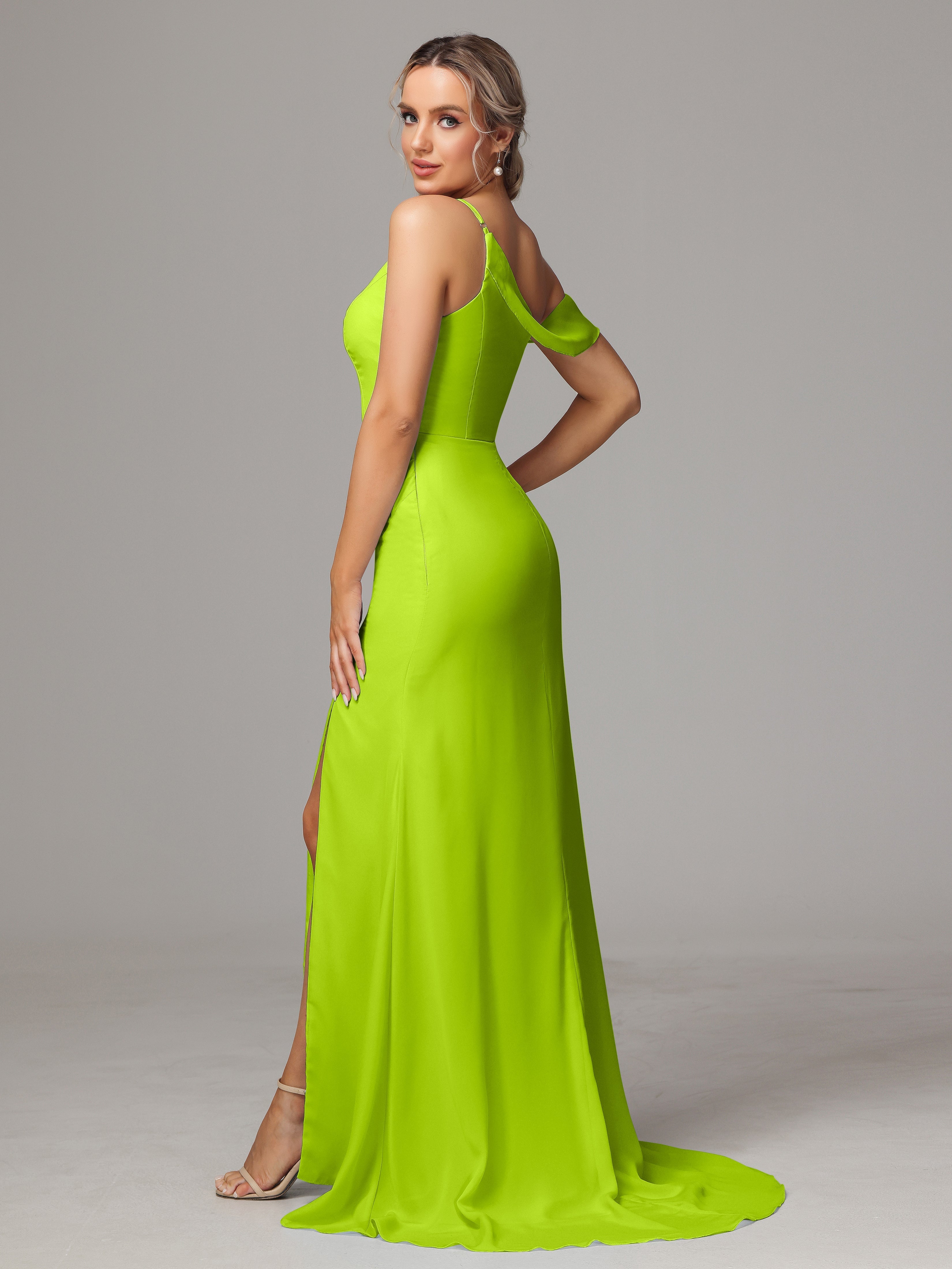 Robes De Demoiselle D'Honneur Vert Citron Seule-Épaule Fendue A-Ligne Mousseline Longue