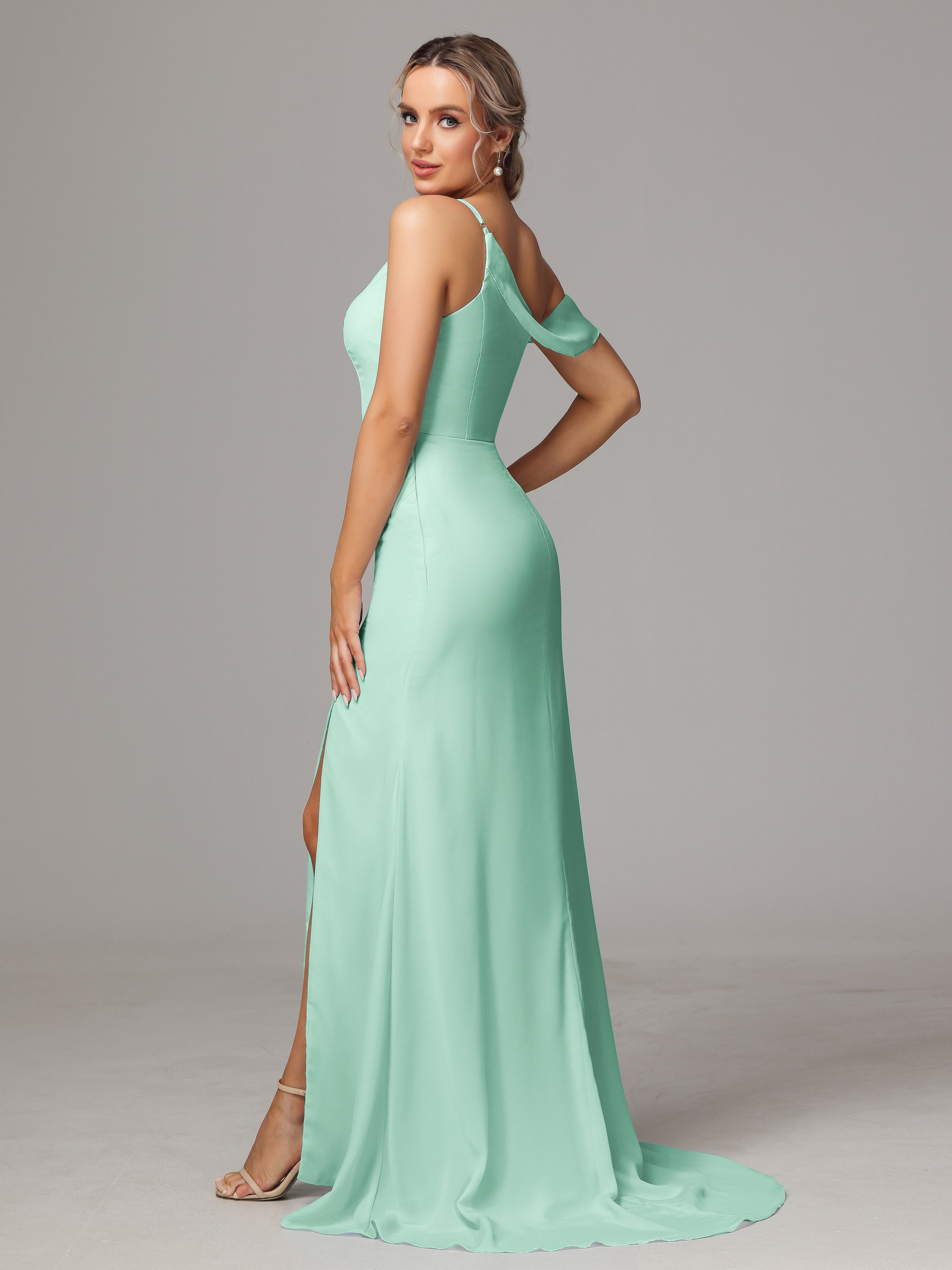 Robe Demoiselle D Honneur Menthe Seule-Épaule Fendue A-Ligne Mousseline Longue