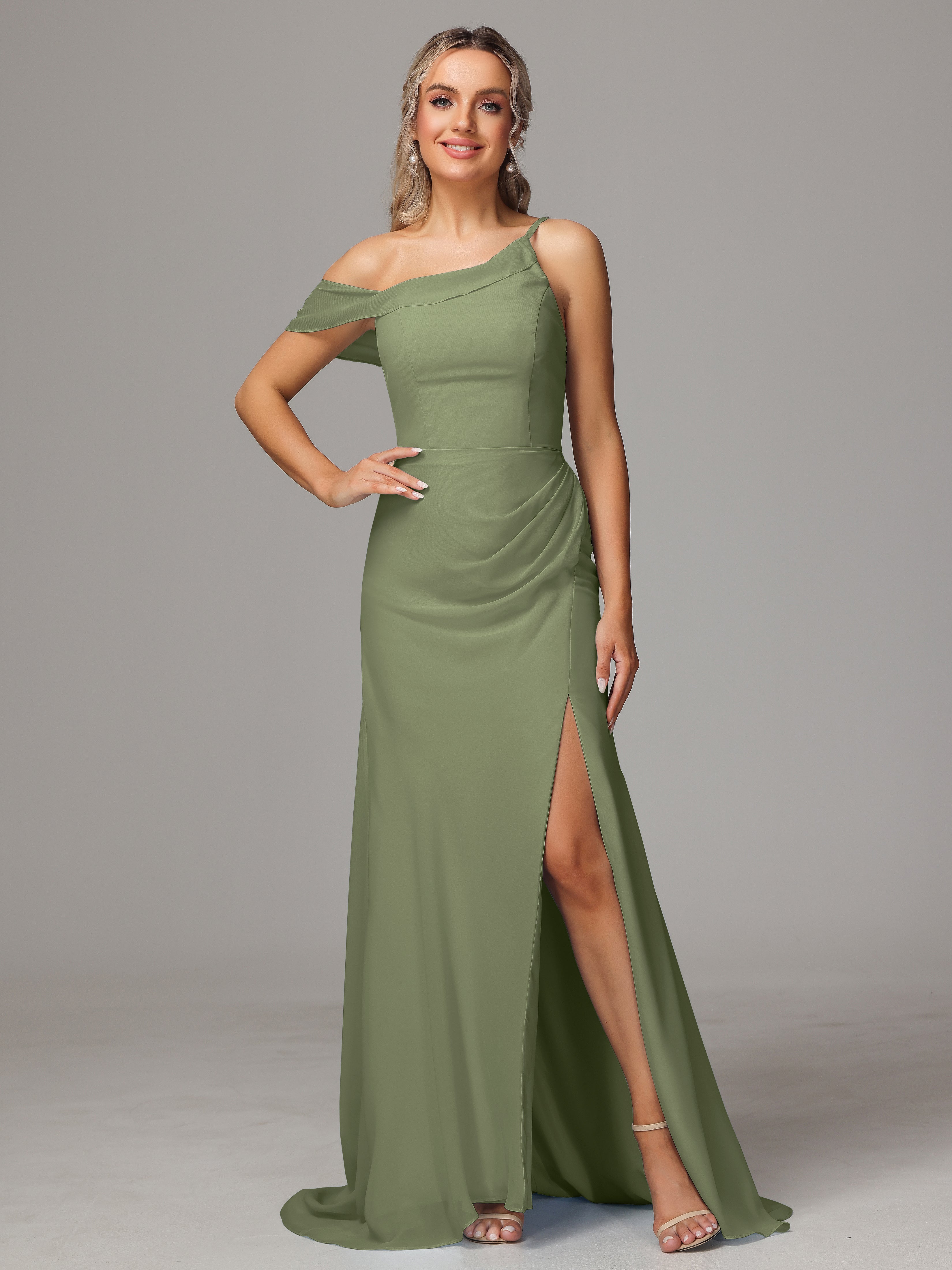 Demoiselle D Honneur Vert Olive Seule-Épaule Fendue Trapèze Mousseline Longue Robes Demoiselle D'Honneur