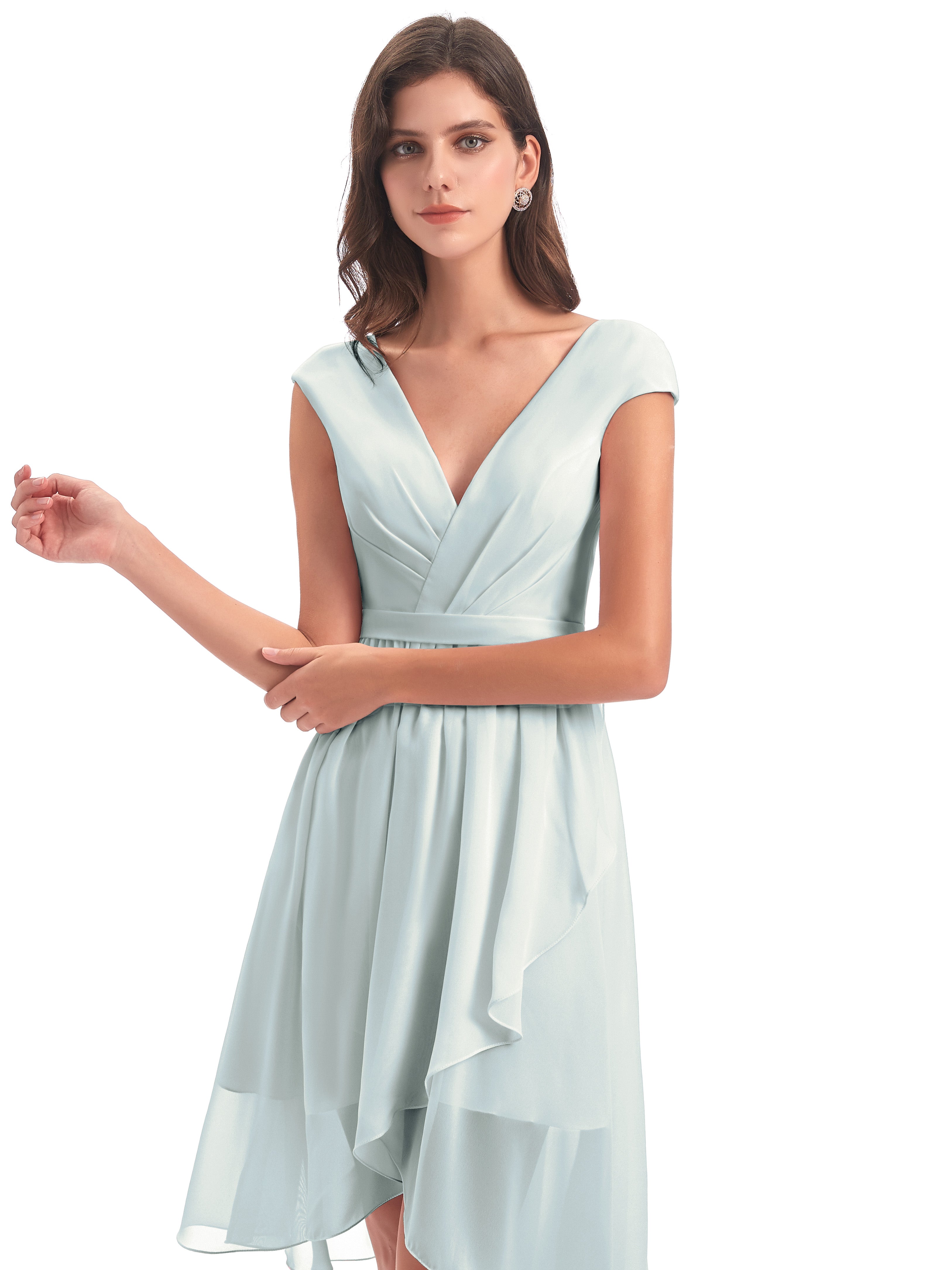 Robe Demoiselle D Honneur Celadon Trapèze Longueur Genou Mancherons Robes Demoiselle D'Honneur