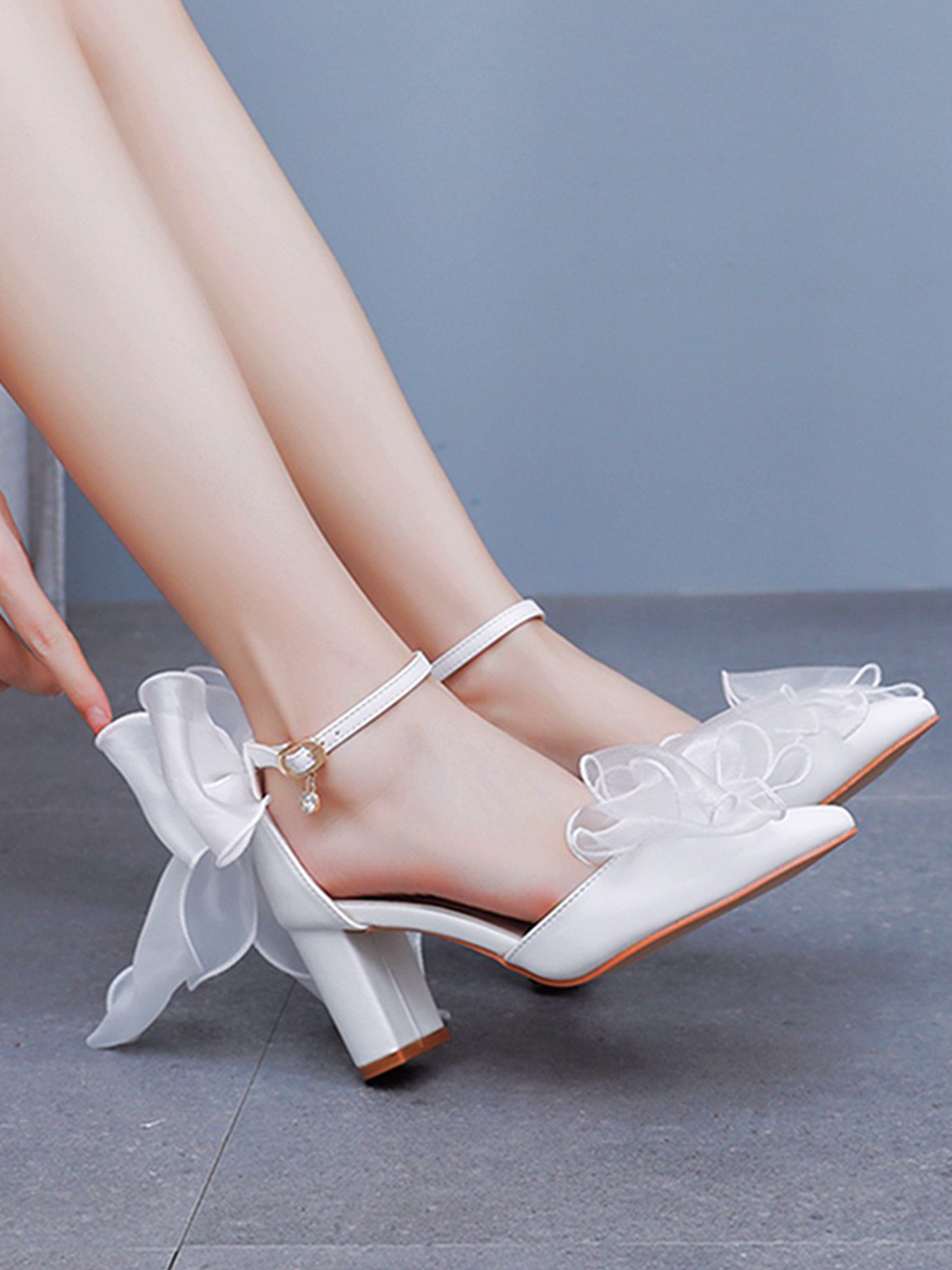 Escarpins de Mariée à Talon Carré Blanc avec Nœud Papillon et Dentelle