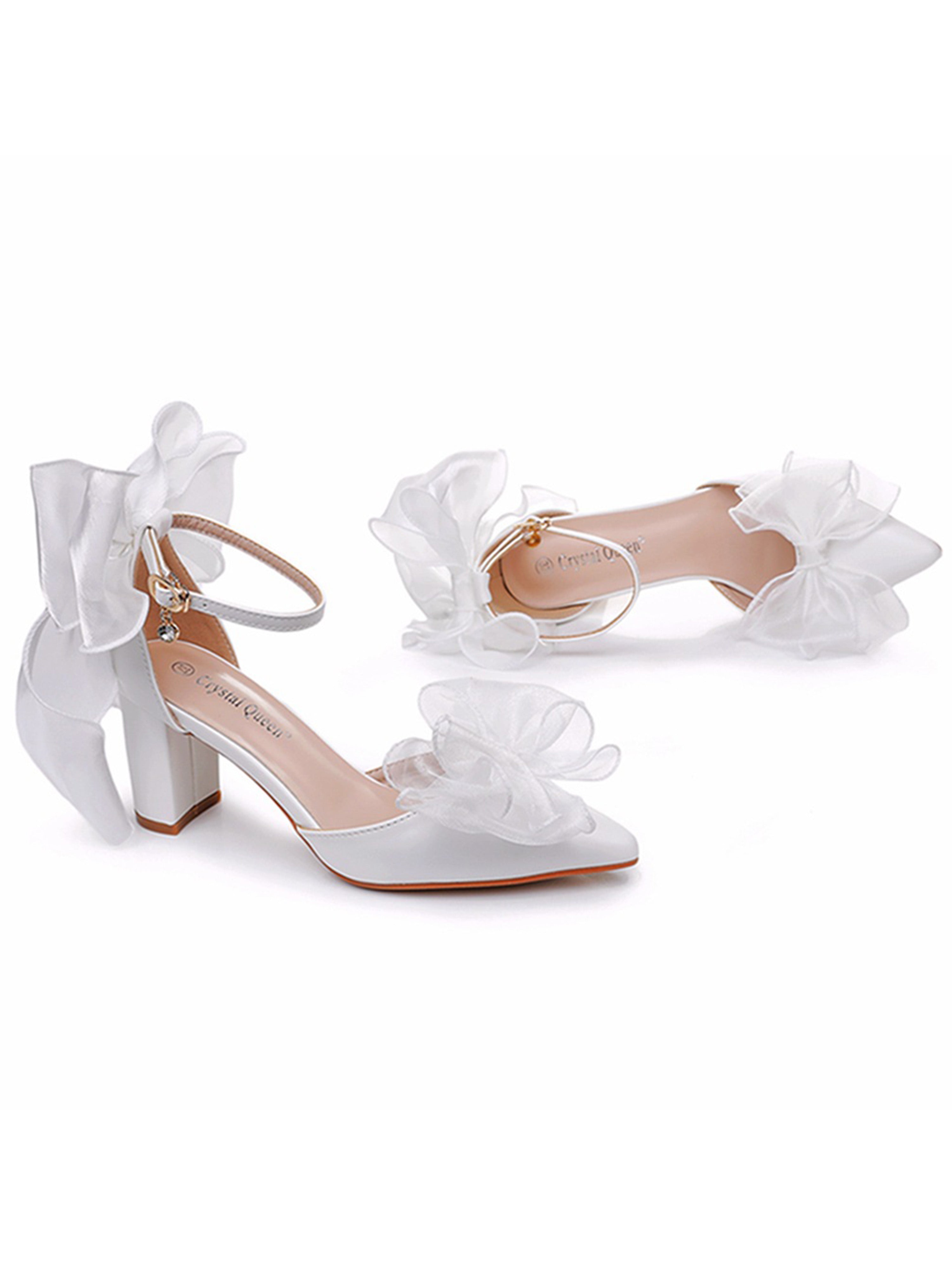 Escarpins de Mariée à Talon Carré Blanc avec Nœud Papillon et Dentelle