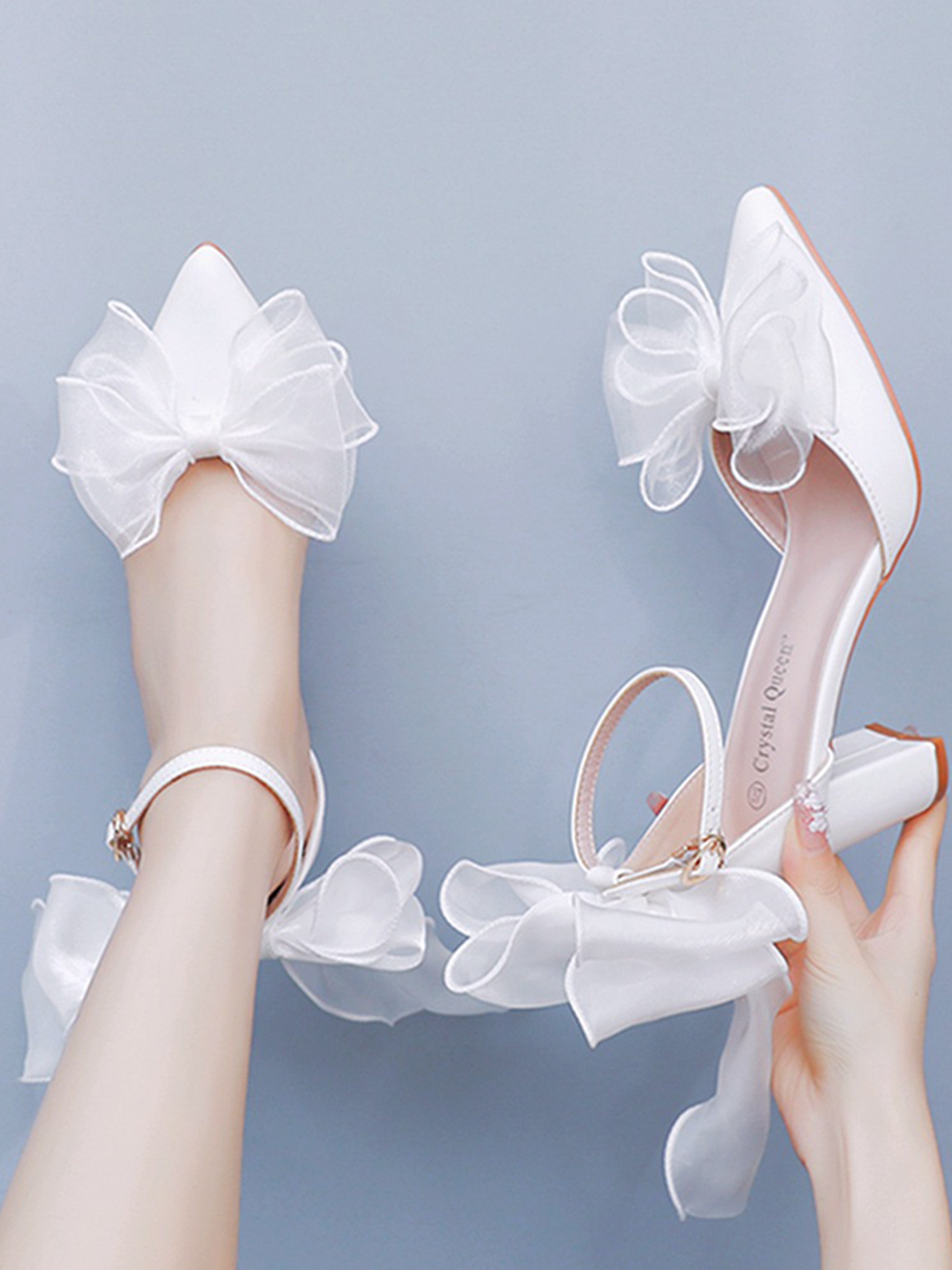 Escarpins de Mariée à Talon Carré Blanc avec Nœud Papillon et Dentelle