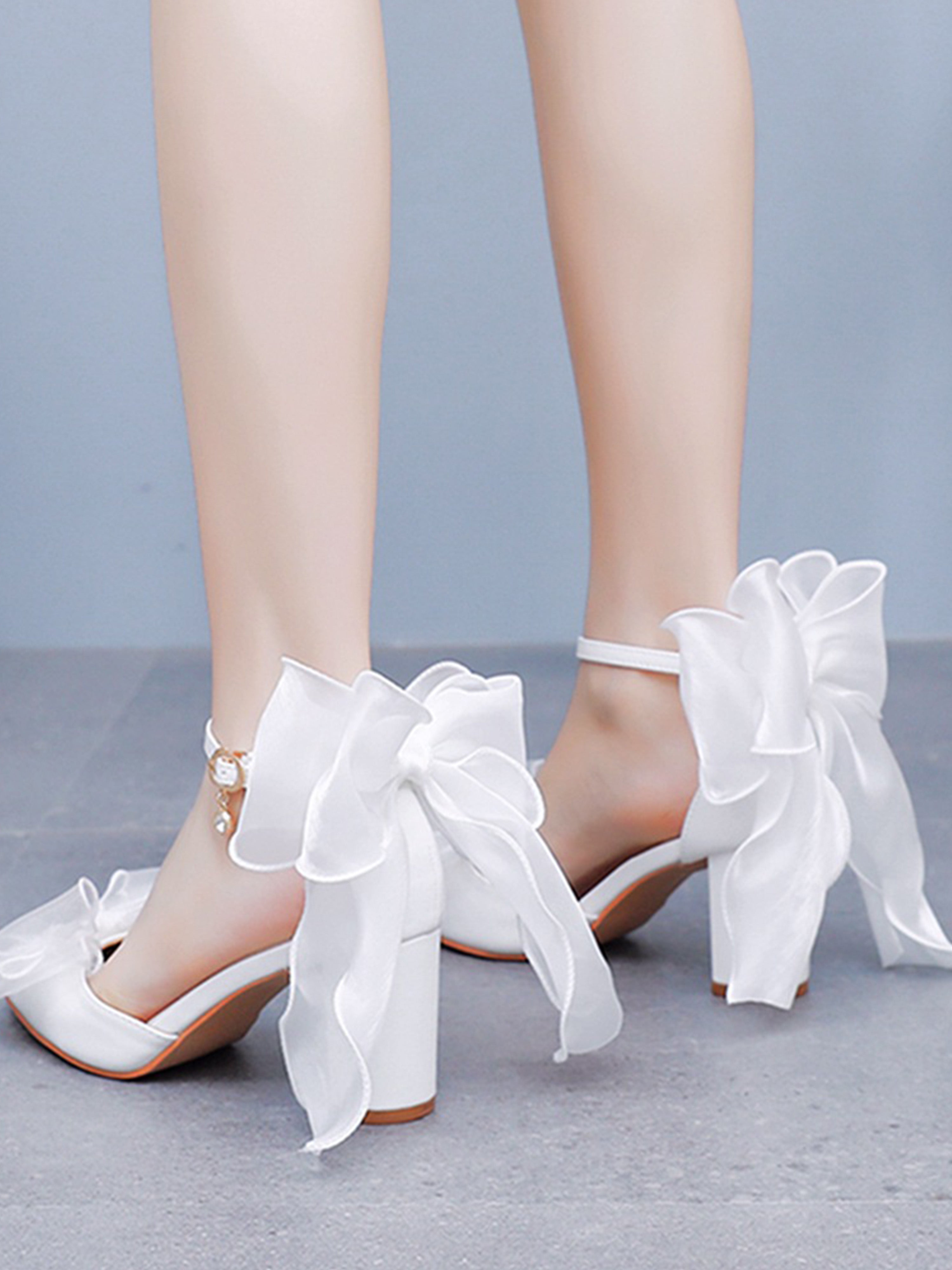Escarpins de Mariée à Talon Carré Blanc avec Nœud Papillon et Dentelle