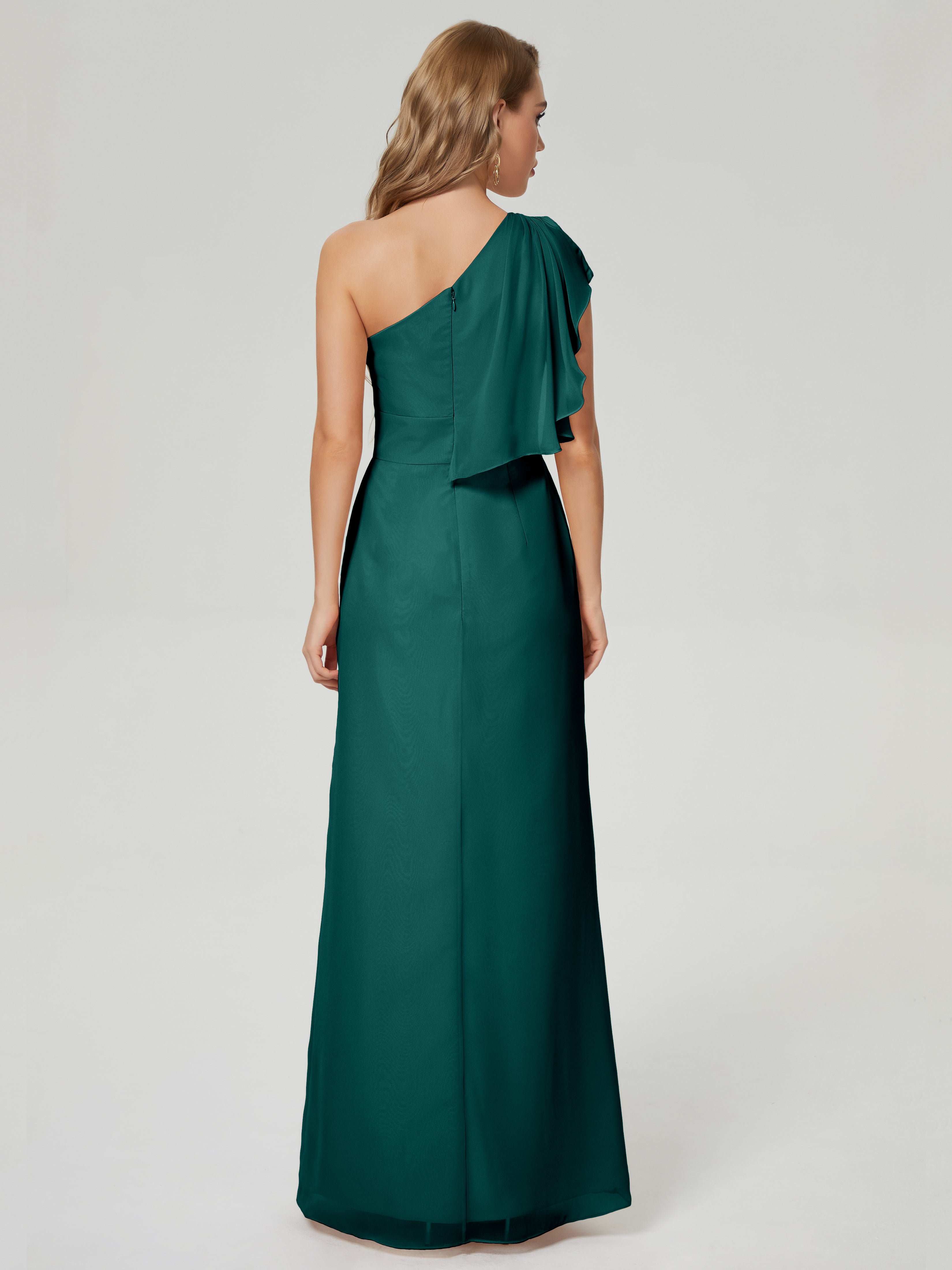 Samara Fendue Seule-épaule Mousseline Robes Demoiselle d'Honneur à Volants en PAON