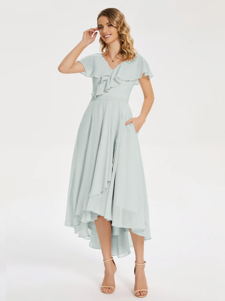 Robe Demoiselle D Honneur Celadon Col V Asymétrique Robes Demoiselle D'Honneur À Volants