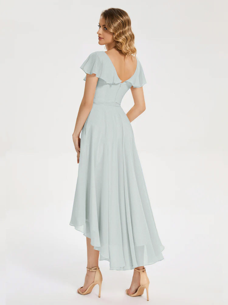 Robe Demoiselle D Honneur Celadon Col V Asymétrique Robes Demoiselle D'Honneur À Volants