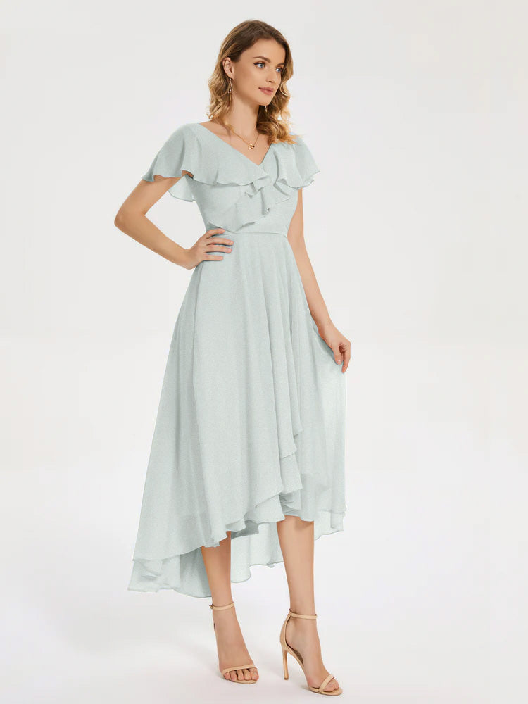 Robe Demoiselle D Honneur Celadon Col V Asymétrique Robes Demoiselle D'Honneur À Volants