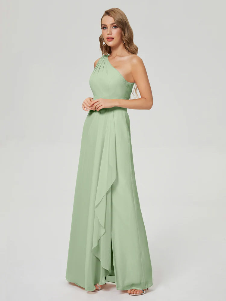 Robes De Demoiselle D'Honneur Couleur Sauge Poussiéreuse Bon Marché Fendue Seule-Épaule Mousseline Robes Demoiselle D'Honneur À Volants
