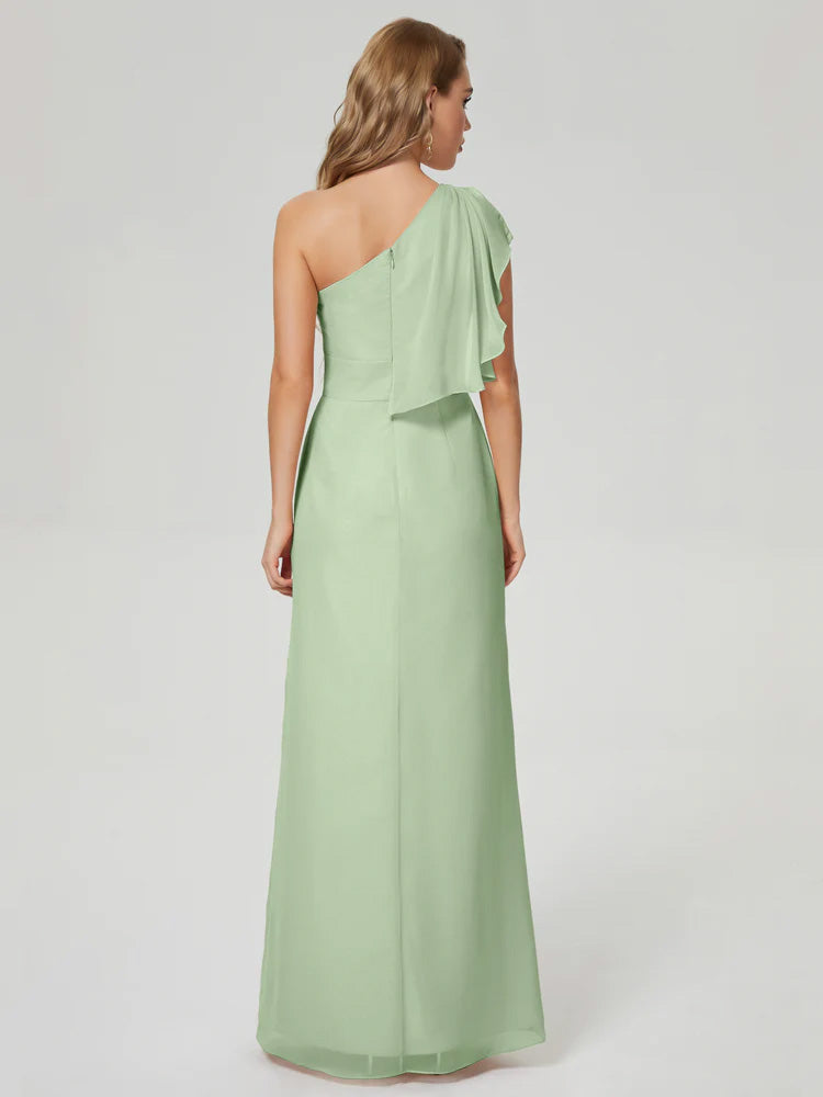 Robes De Demoiselle D'Honneur Couleur Sauge Poussiéreuse Bon Marché Fendue Seule-Épaule Mousseline Robes Demoiselle D'Honneur À Volants