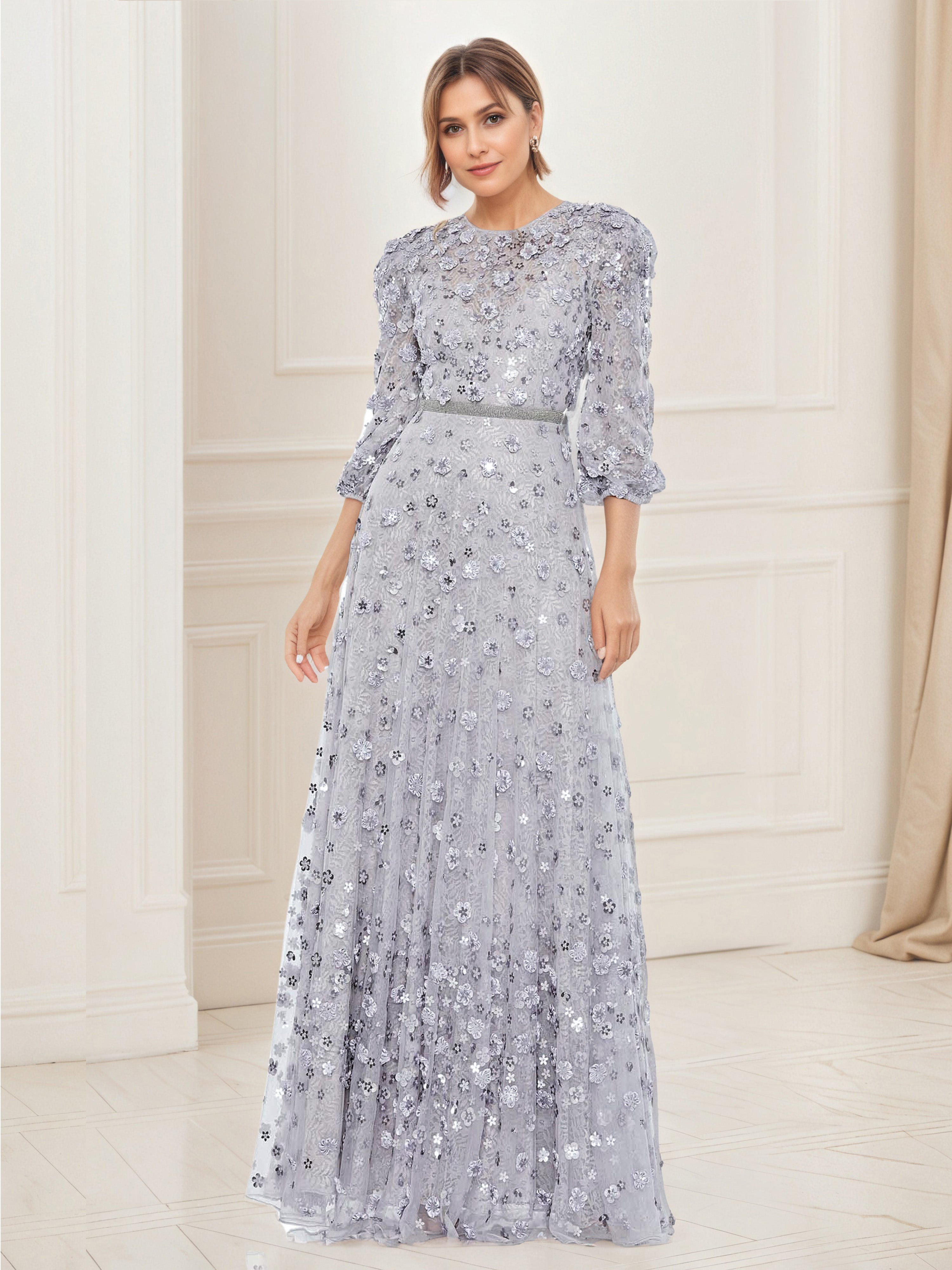 Robe de Soirée ARGENT Robe à Fleurs avec Applications Trapèze à Manches 3/4