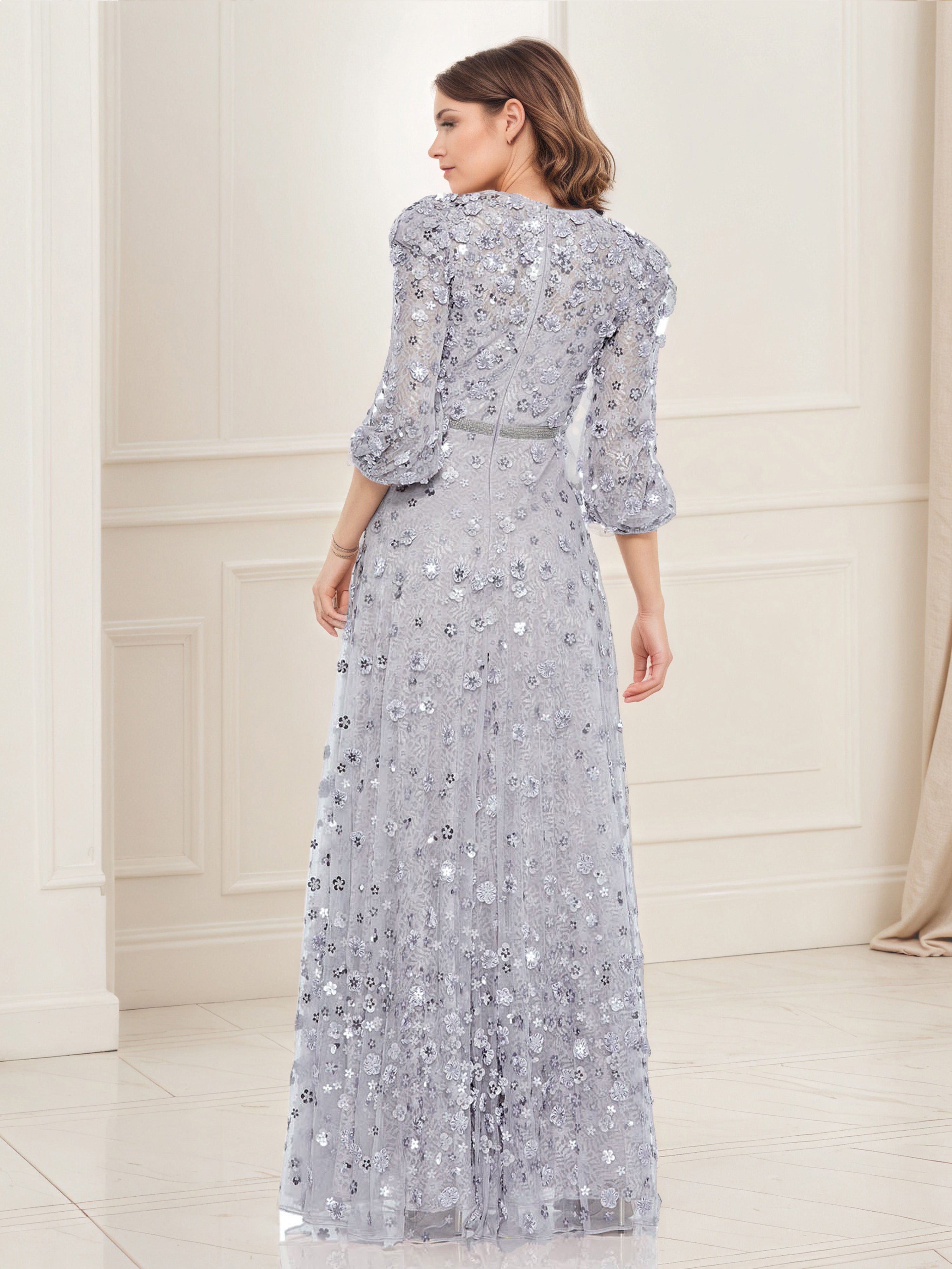 Robe de Soirée ARGENT Robe à Fleurs avec Applications Trapèze à Manches 3/4