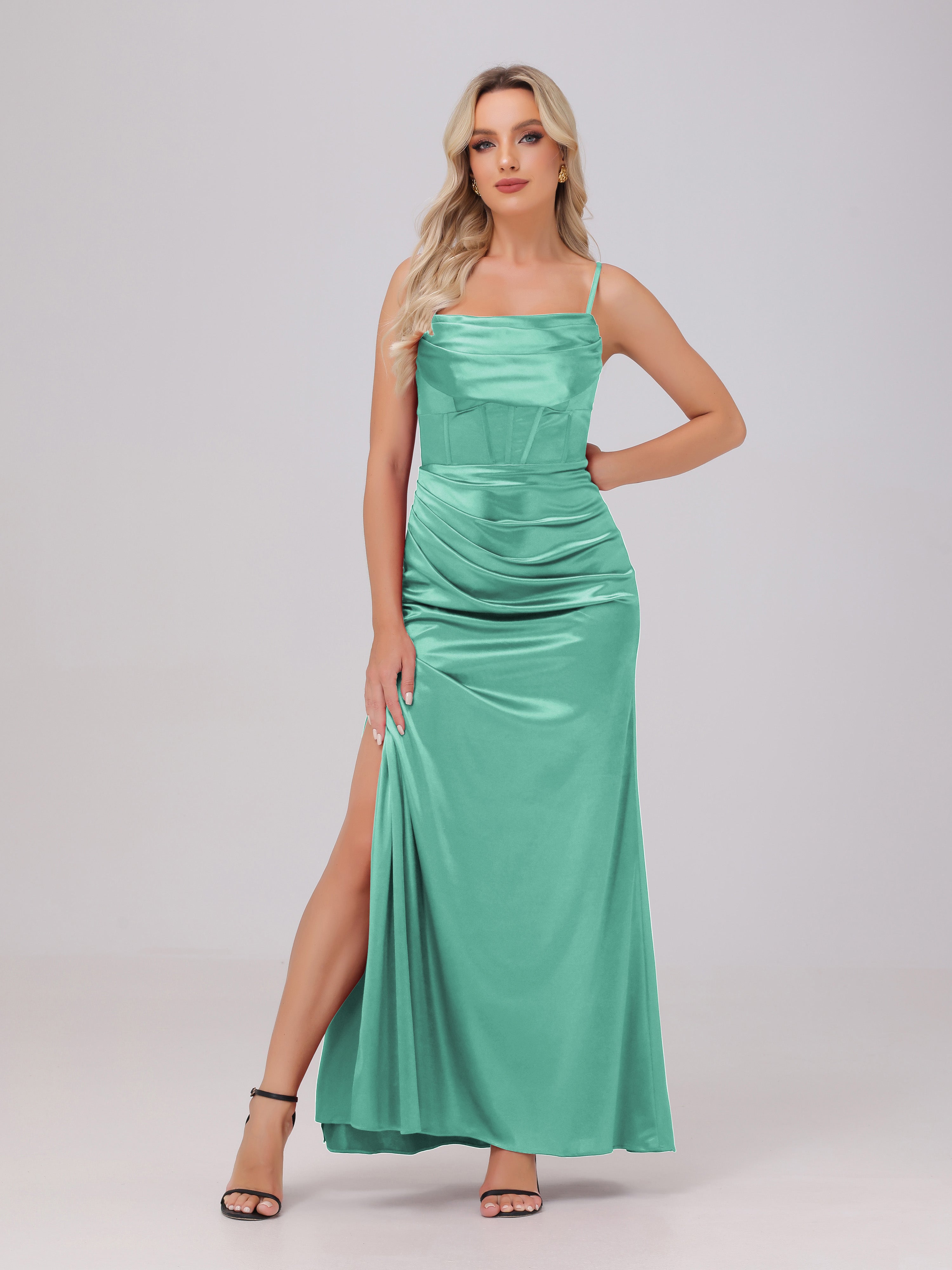 Bretelles Spaghetti Fendue Satin extensible Fourreau/Colonne Robe de demoiselle d'honneur