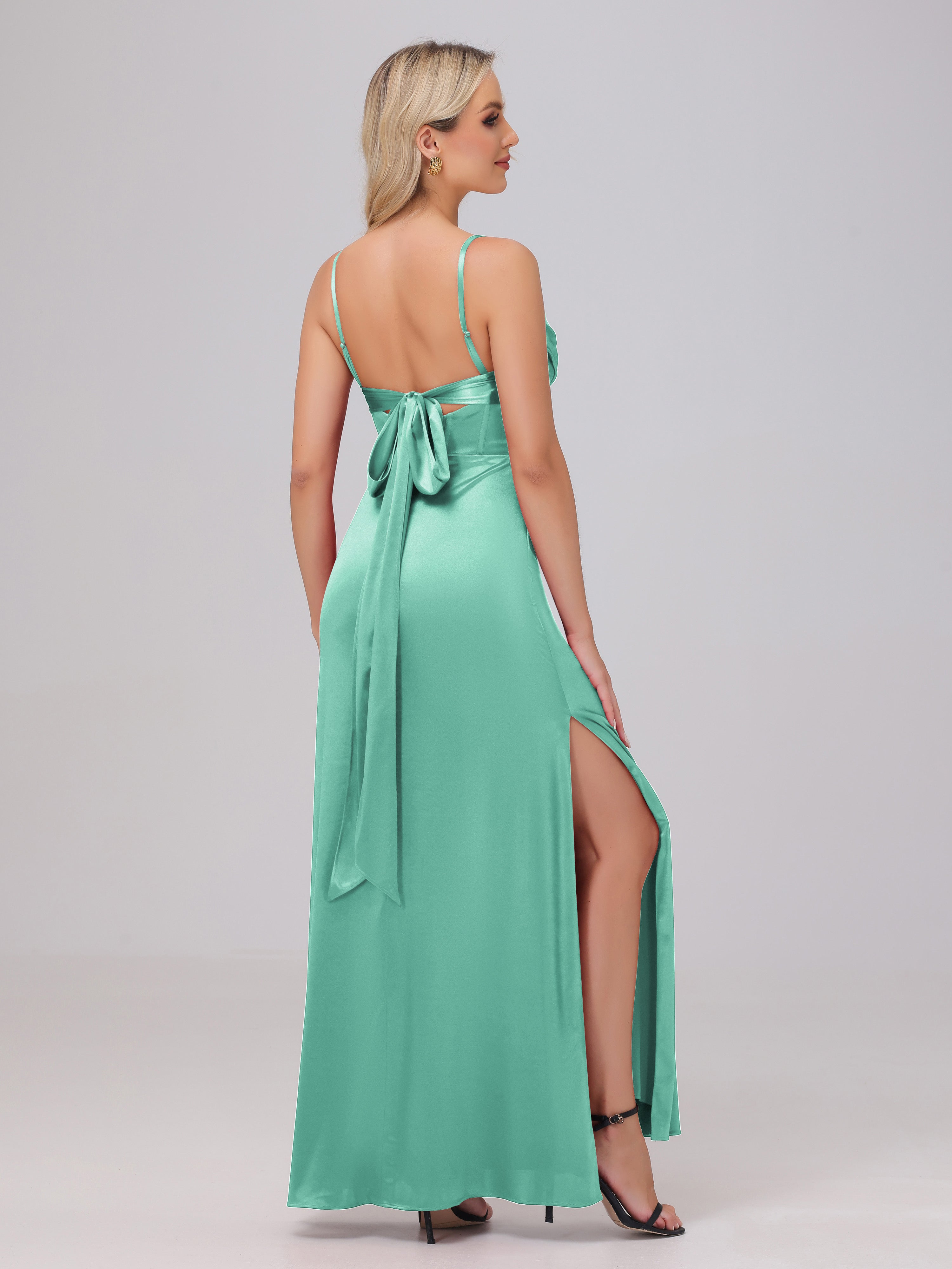 Bretelles Spaghetti Fendue Satin extensible Fourreau/Colonne Robe de demoiselle d'honneur