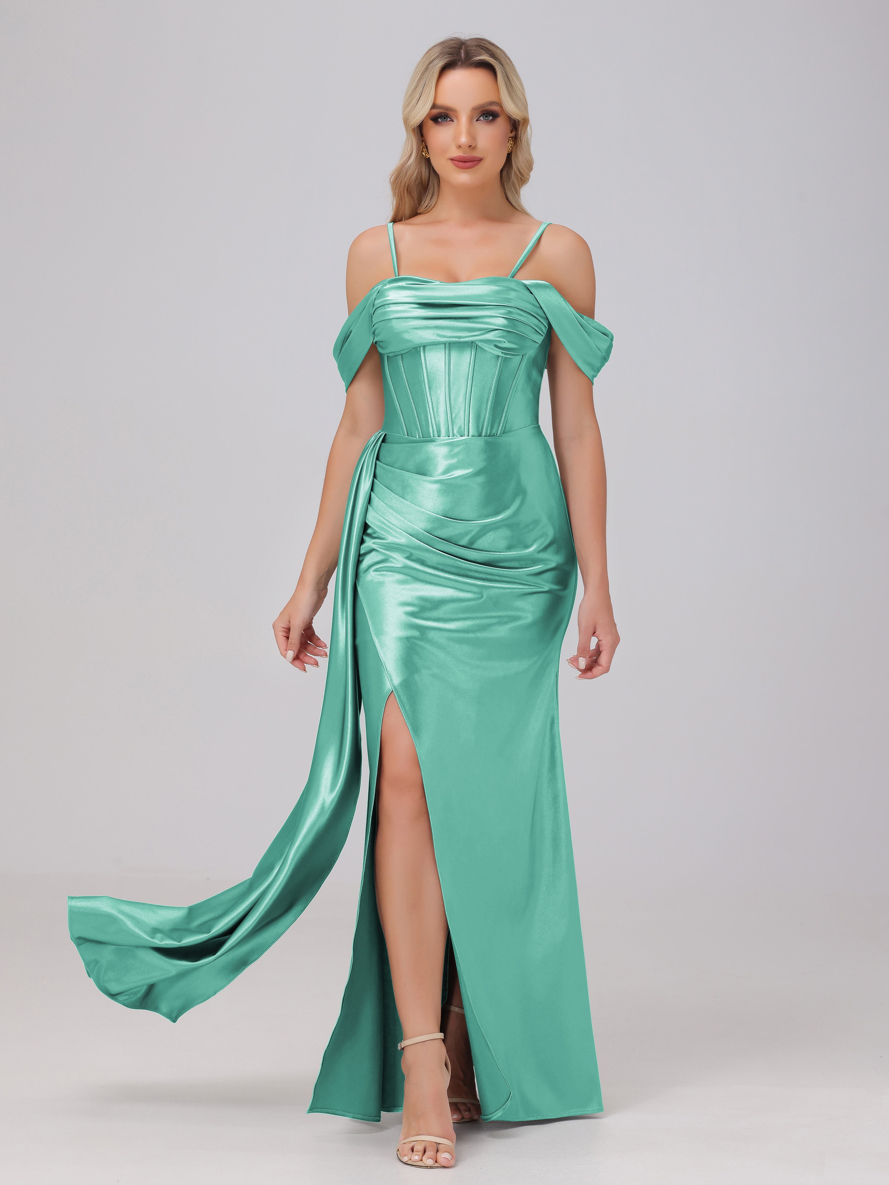 Convertible Accueil Froid Fendue Satin extensible Robe de demoiselle d'honneur avec Bretelles Spaghetti