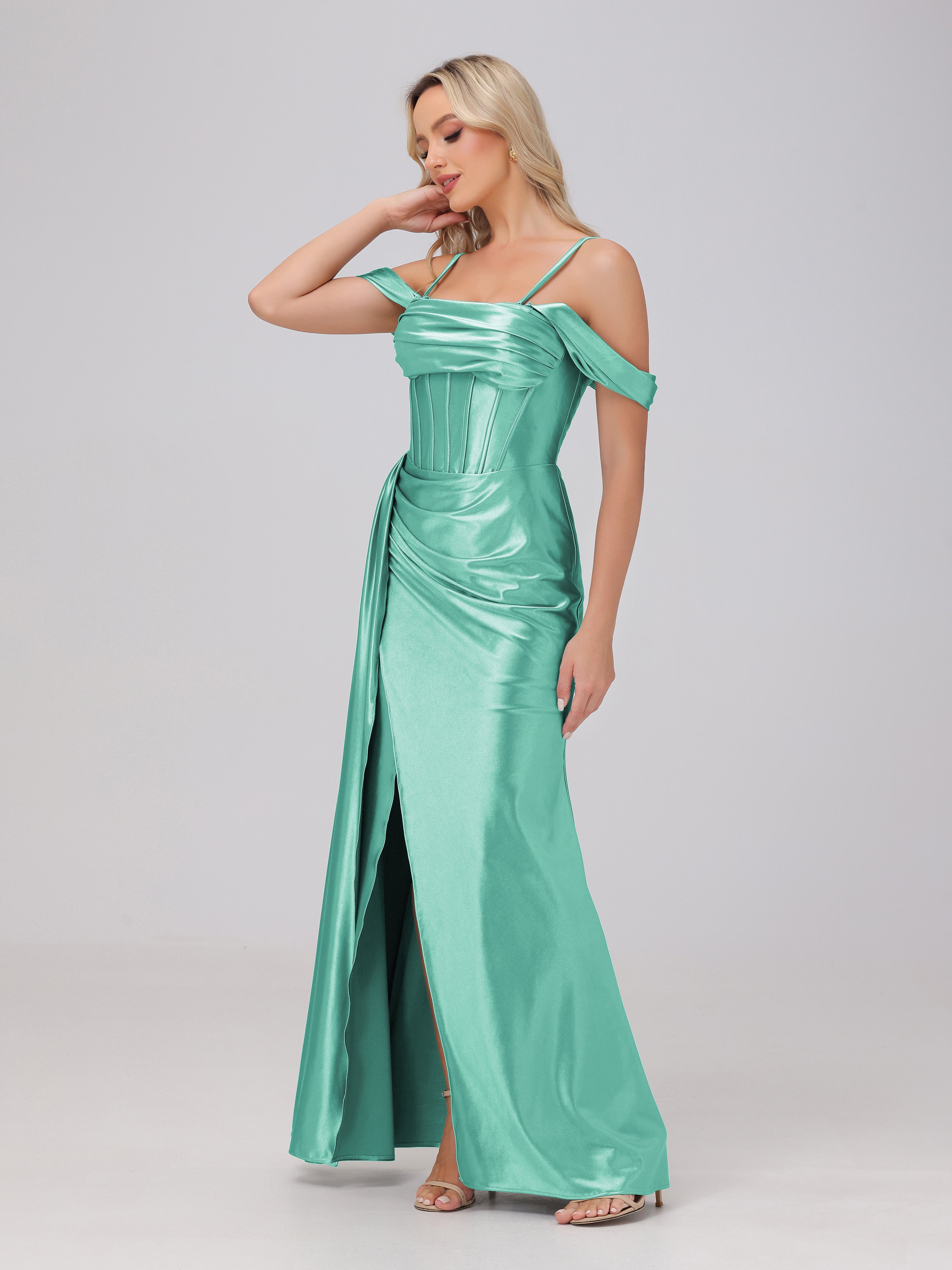 Convertible Accueil Froid Fendue Satin extensible Robe de demoiselle d'honneur avec Bretelles Spaghetti