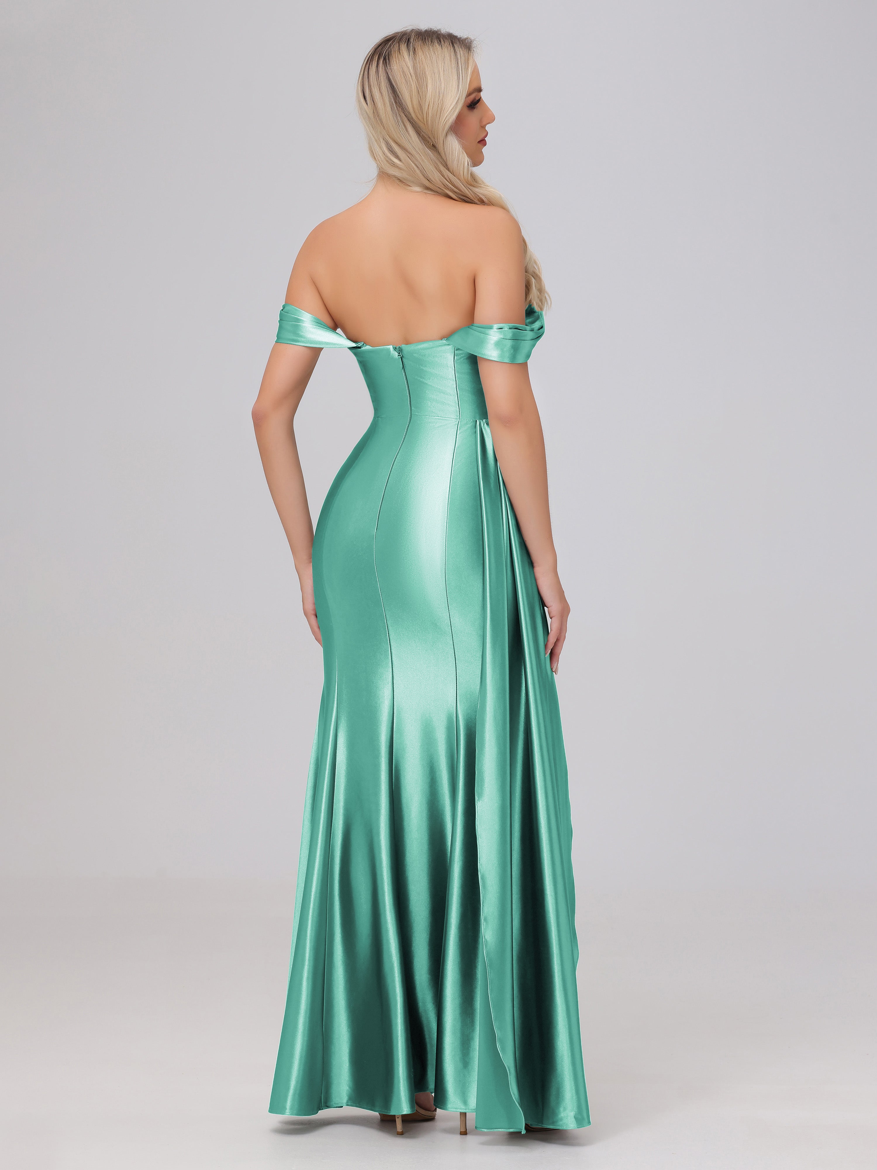 Convertible Accueil Froid Fendue Satin extensible Robe de demoiselle d'honneur avec Bretelles Spaghetti