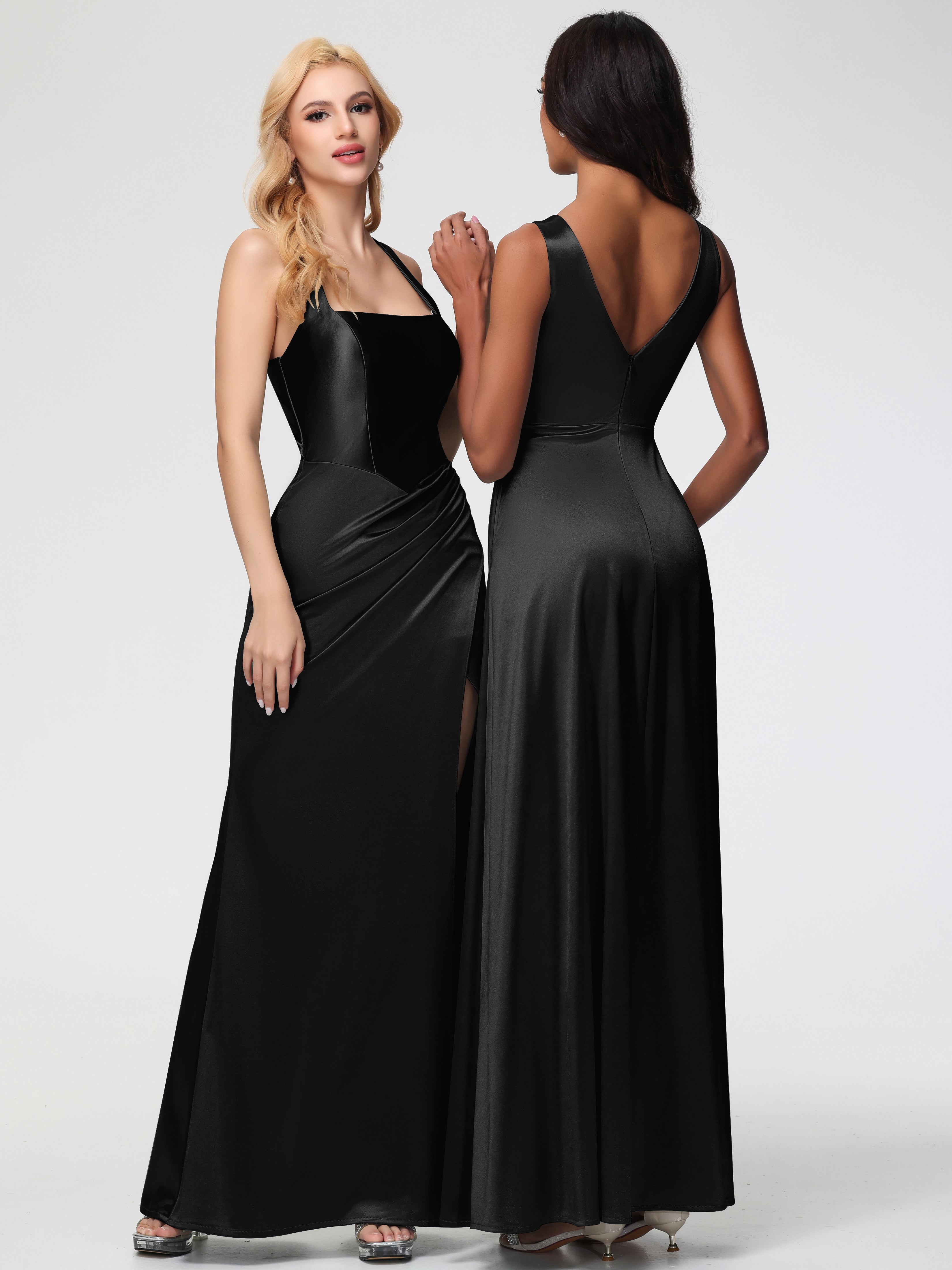 Robes De Demoiselle D'Honneur Noires Bon Marché Col Carré Fendue Trapèze Satin Extensible Robe De Demoiselle D'Honneur