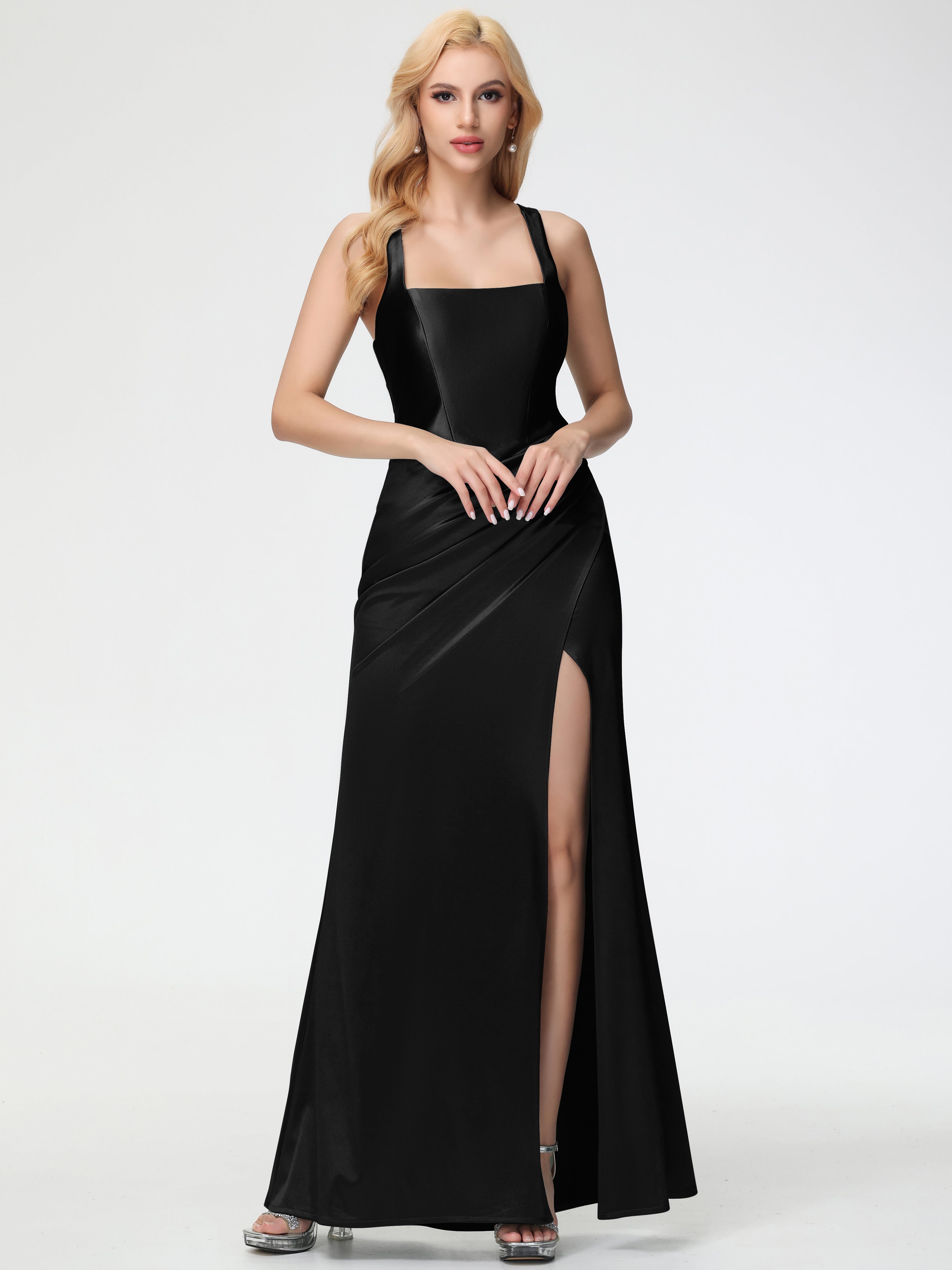 Robes De Demoiselle D'Honneur Noires Bon Marché Col Carré Fendue Trapèze Satin Extensible Robe De Demoiselle D'Honneur