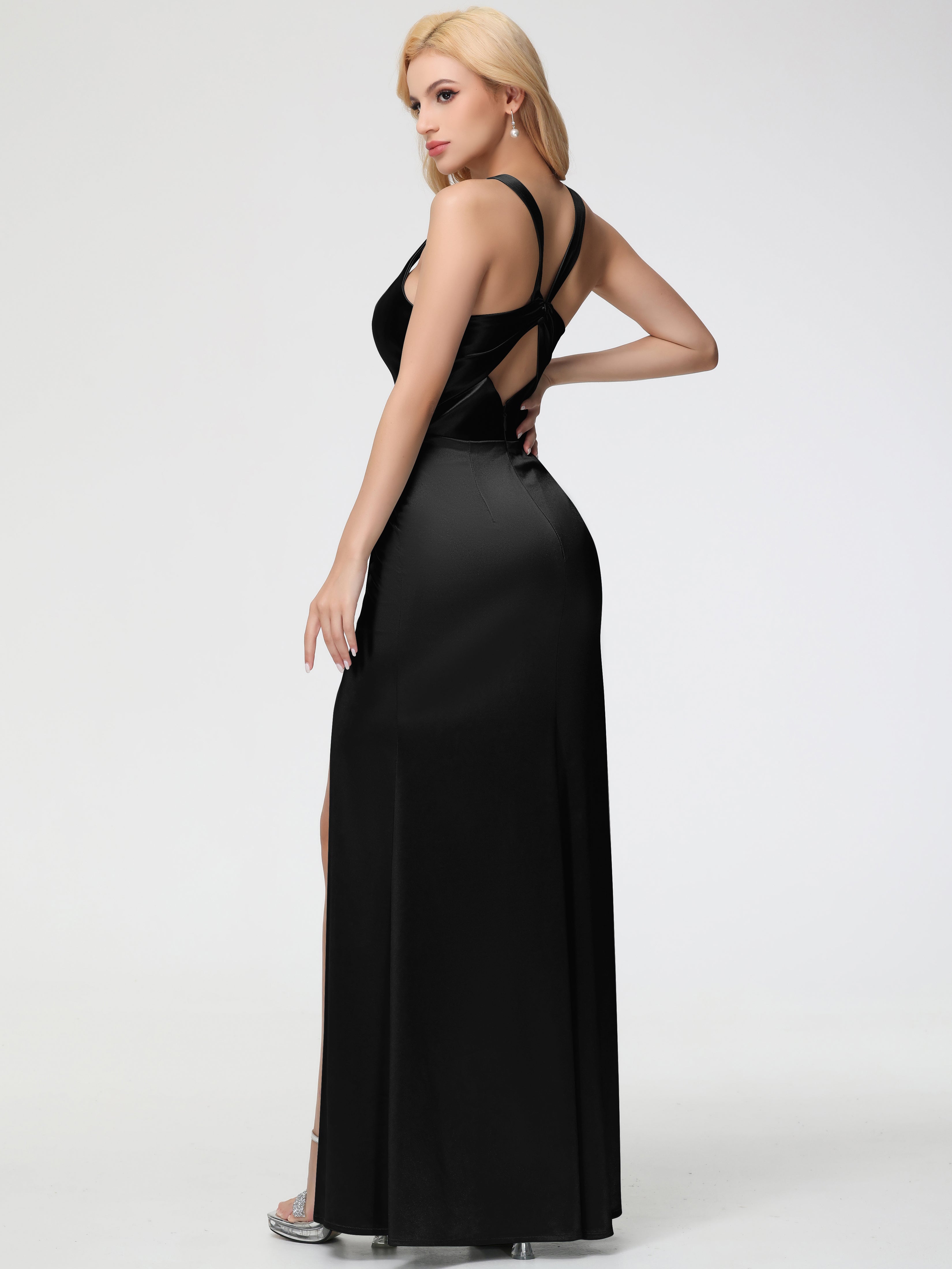 Robes De Demoiselle D'Honneur Noires Bon Marché Col Carré Fendue Trapèze Satin Extensible Robe De Demoiselle D'Honneur