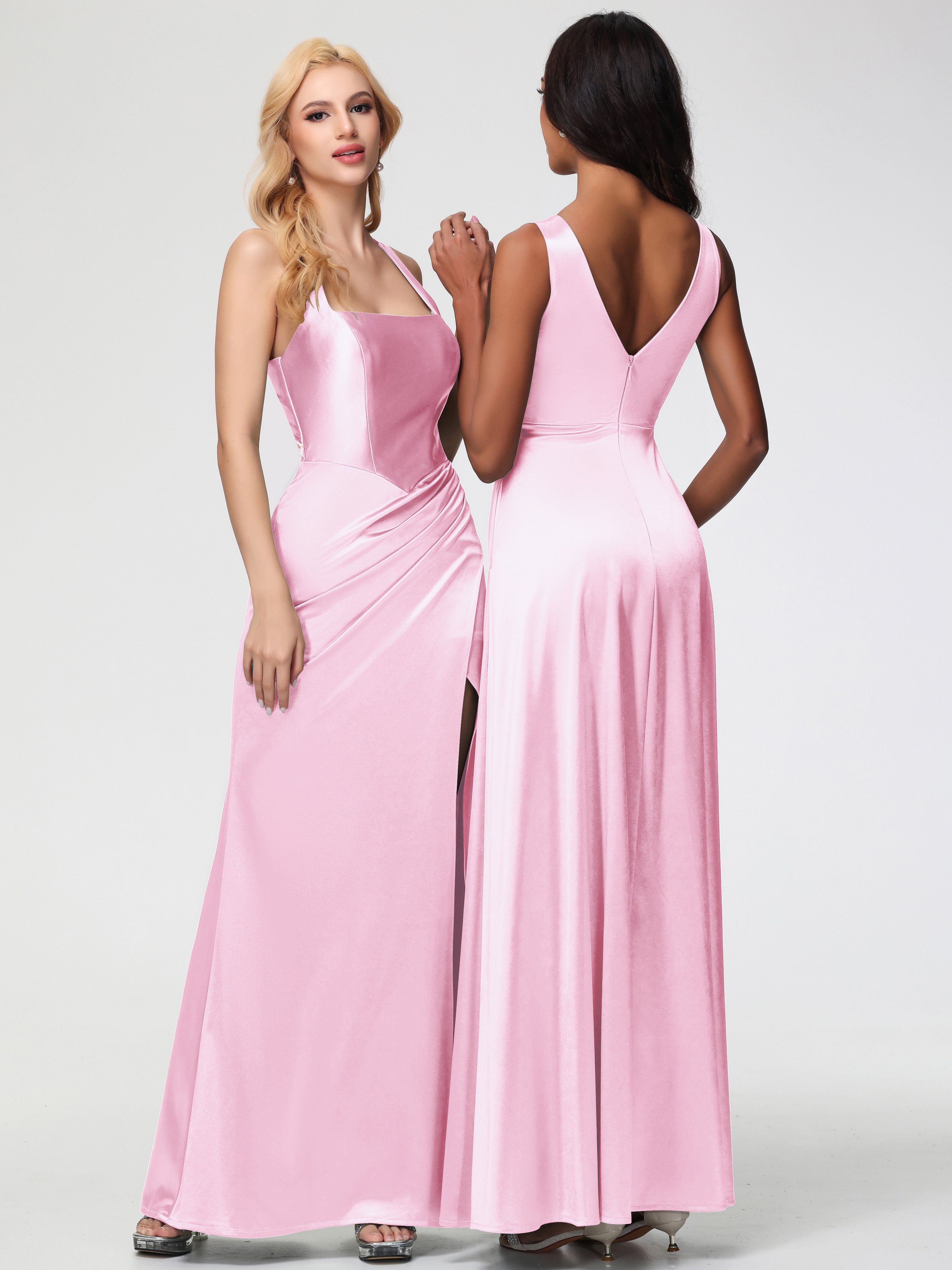 Robes De Demoiselle D'Honneur Rose Pale Col Carré Fendue Trapèze Satin Extensible Robe De Demoiselle D'Honneur