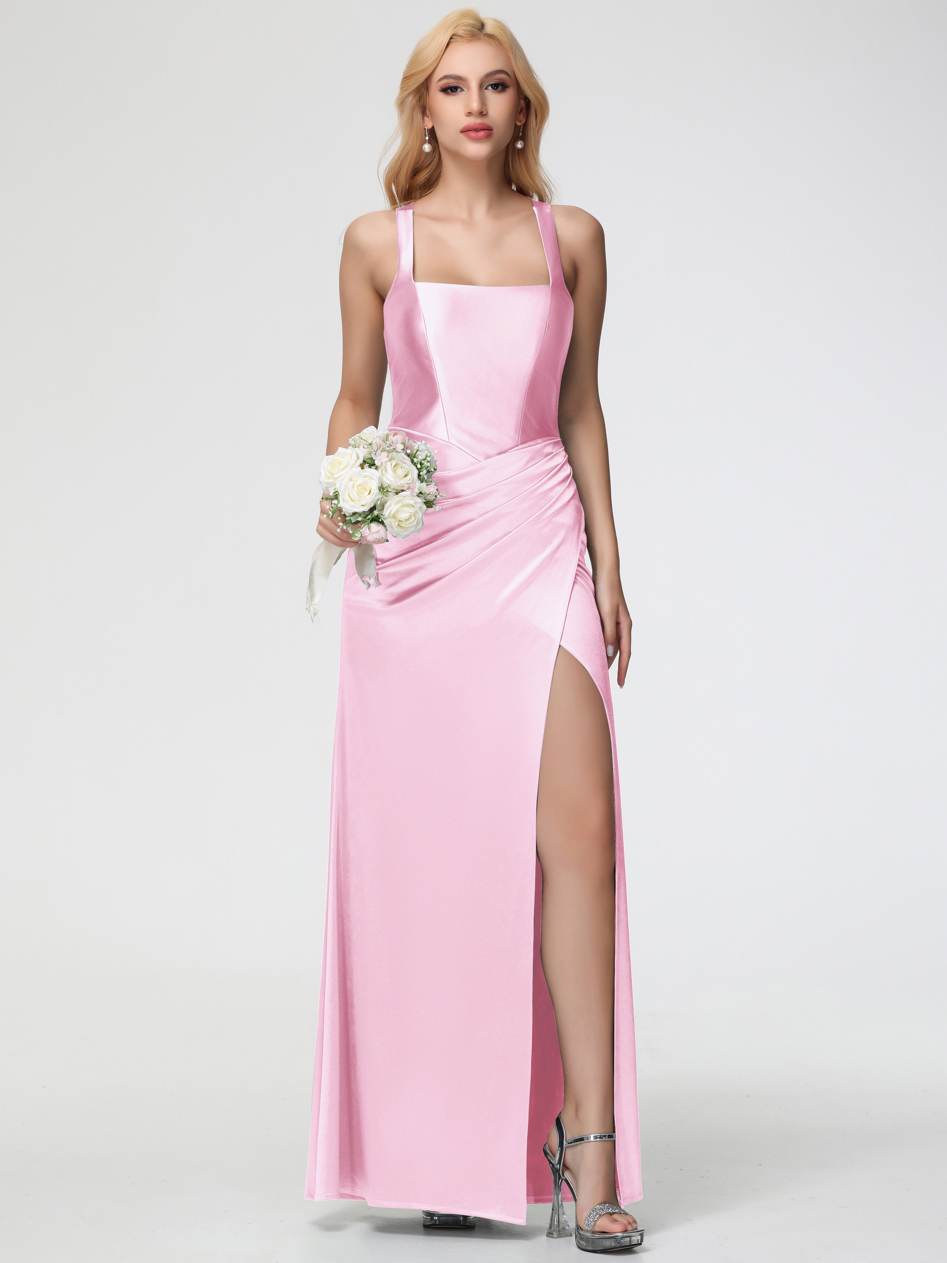 Robes De Demoiselle D'Honneur Rose Pale Col Carré Fendue Trapèze Satin Extensible Robe De Demoiselle D'Honneur