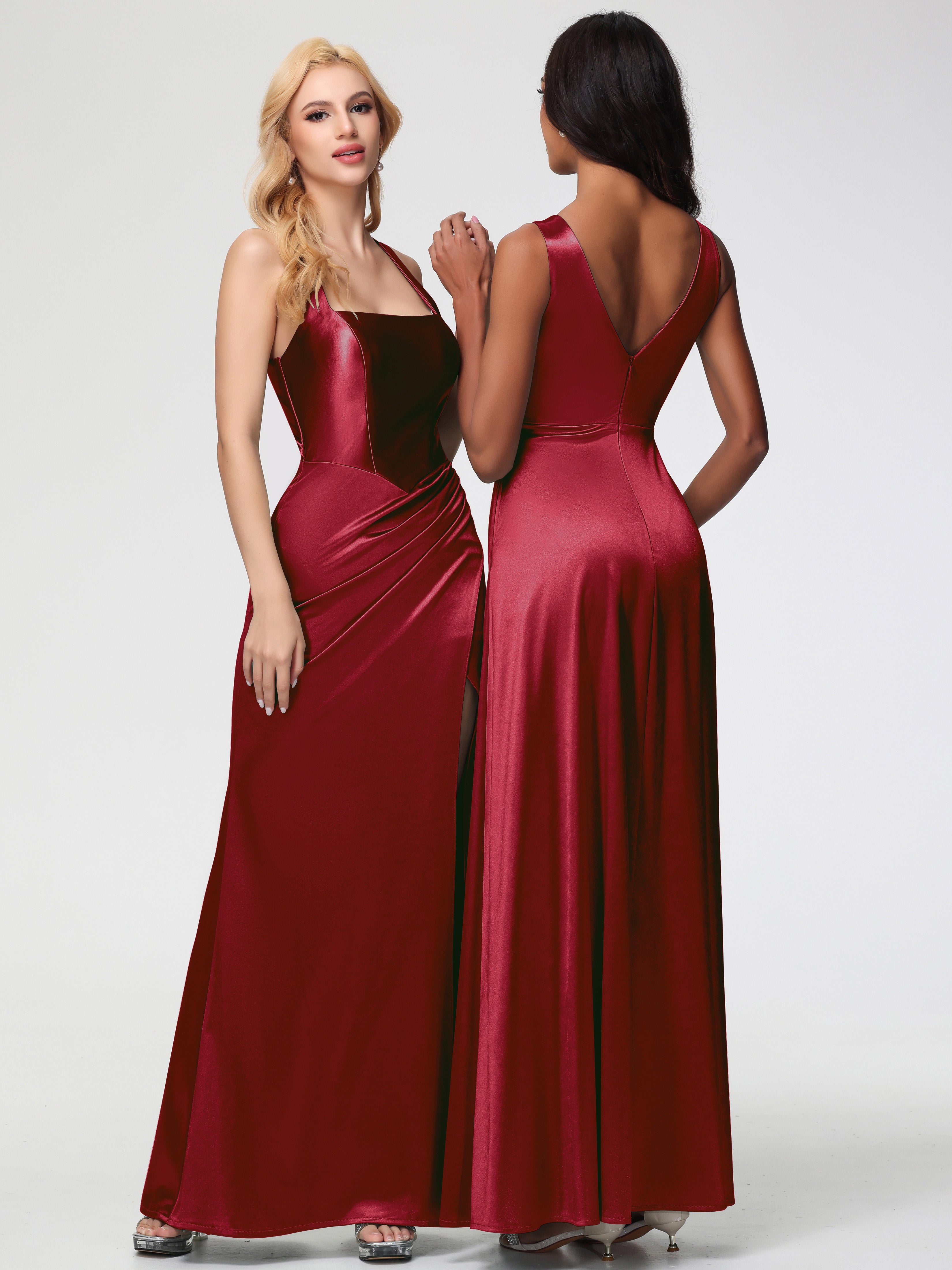 Robes De Demoiselle D'Honneur Bordeaux Pas Cher Col Carré Fendue Trapèze Satin Extensible Robe De Demoiselle D'Honneur