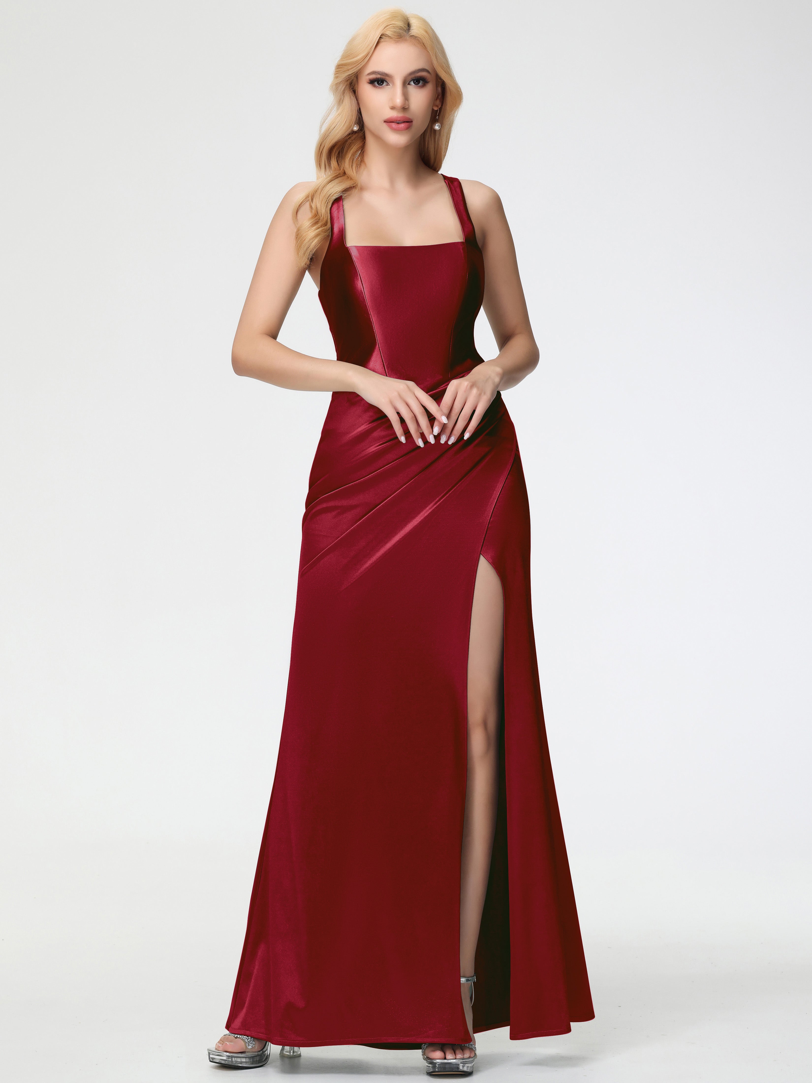 Robes De Demoiselle D'Honneur Bordeaux Pas Cher Col Carré Fendue Trapèze Satin Extensible Robe De Demoiselle D'Honneur