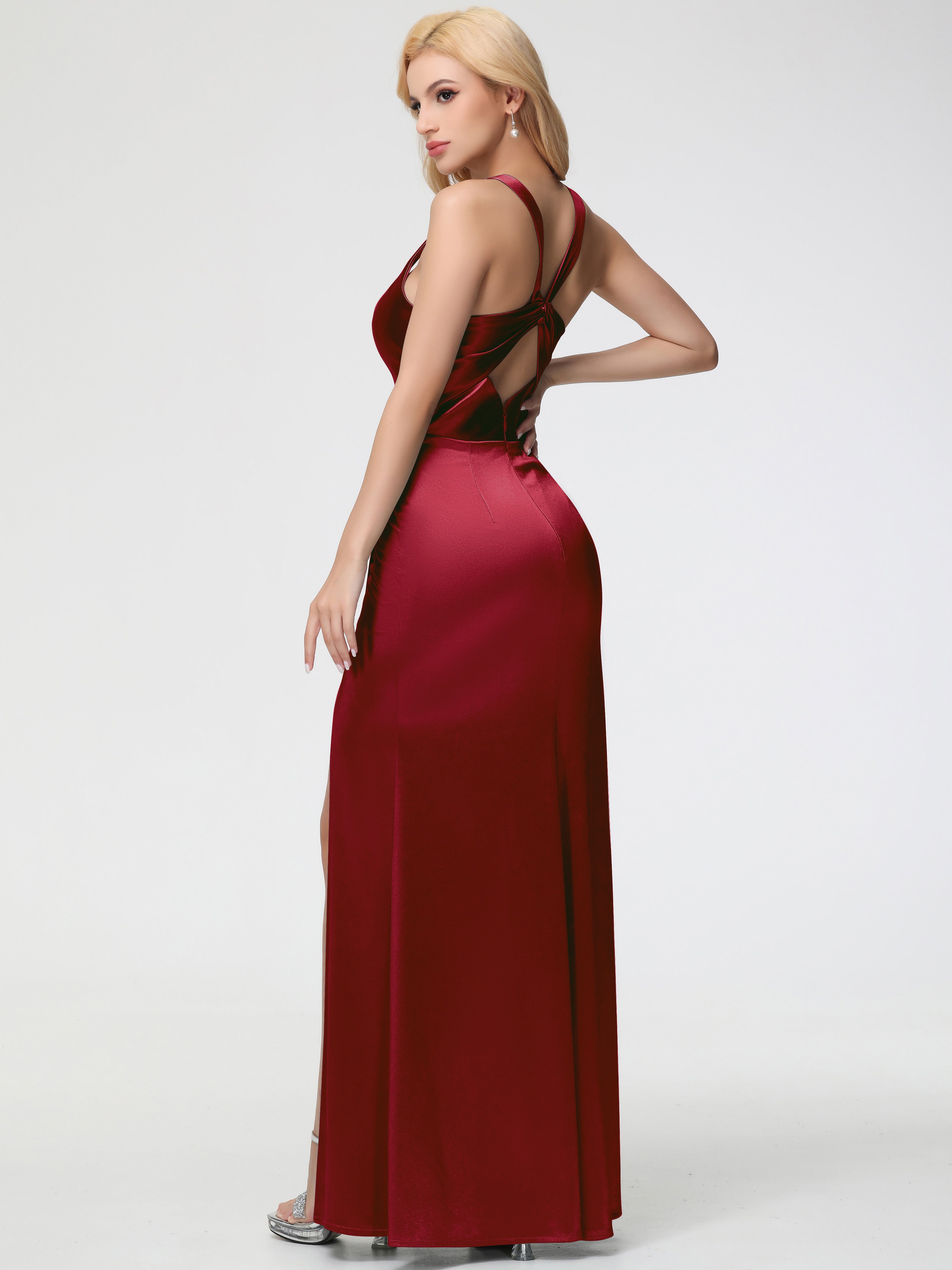 Robes De Demoiselle D'Honneur Bordeaux Pas Cher Col Carré Fendue Trapèze Satin Extensible Robe De Demoiselle D'Honneur