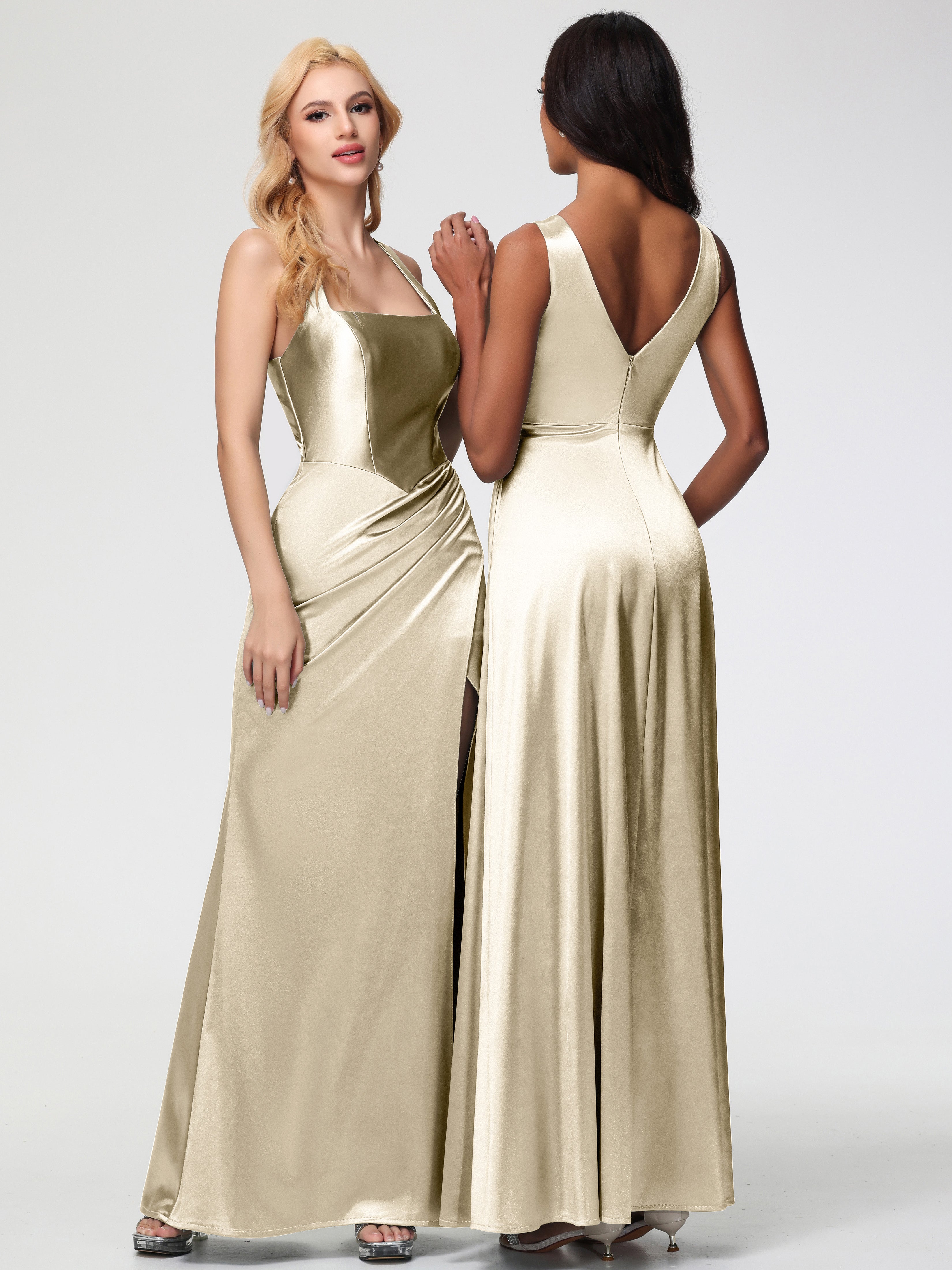 Robes De Demoiselle D'Honneur Couleur Champagne Col Carré Fendue Trapèze Satin Extensible Robe De Demoiselle D'Honneur