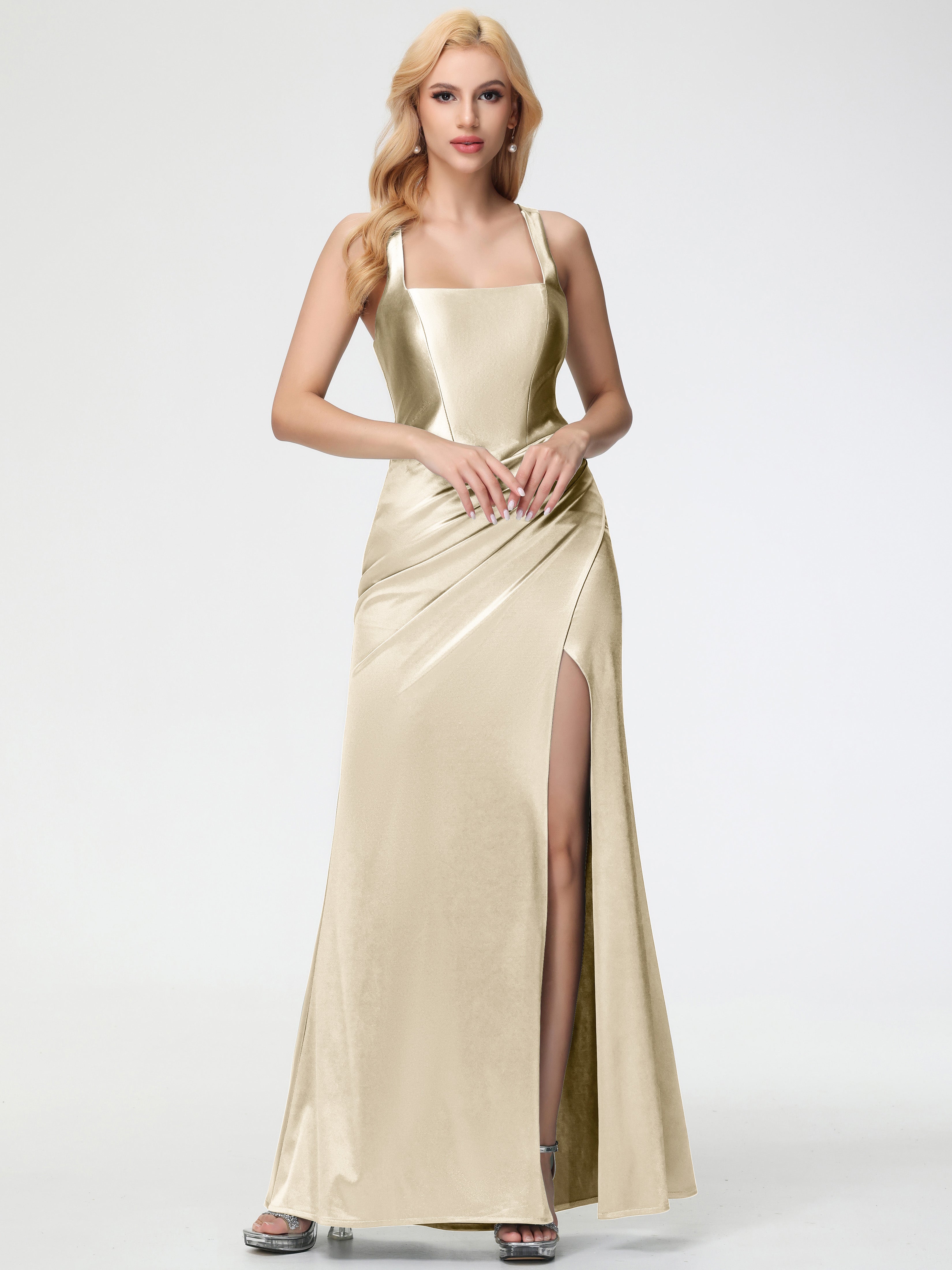 Robes De Demoiselle D'Honneur Couleur Champagne Col Carré Fendue Trapèze Satin Extensible Robe De Demoiselle D'Honneur