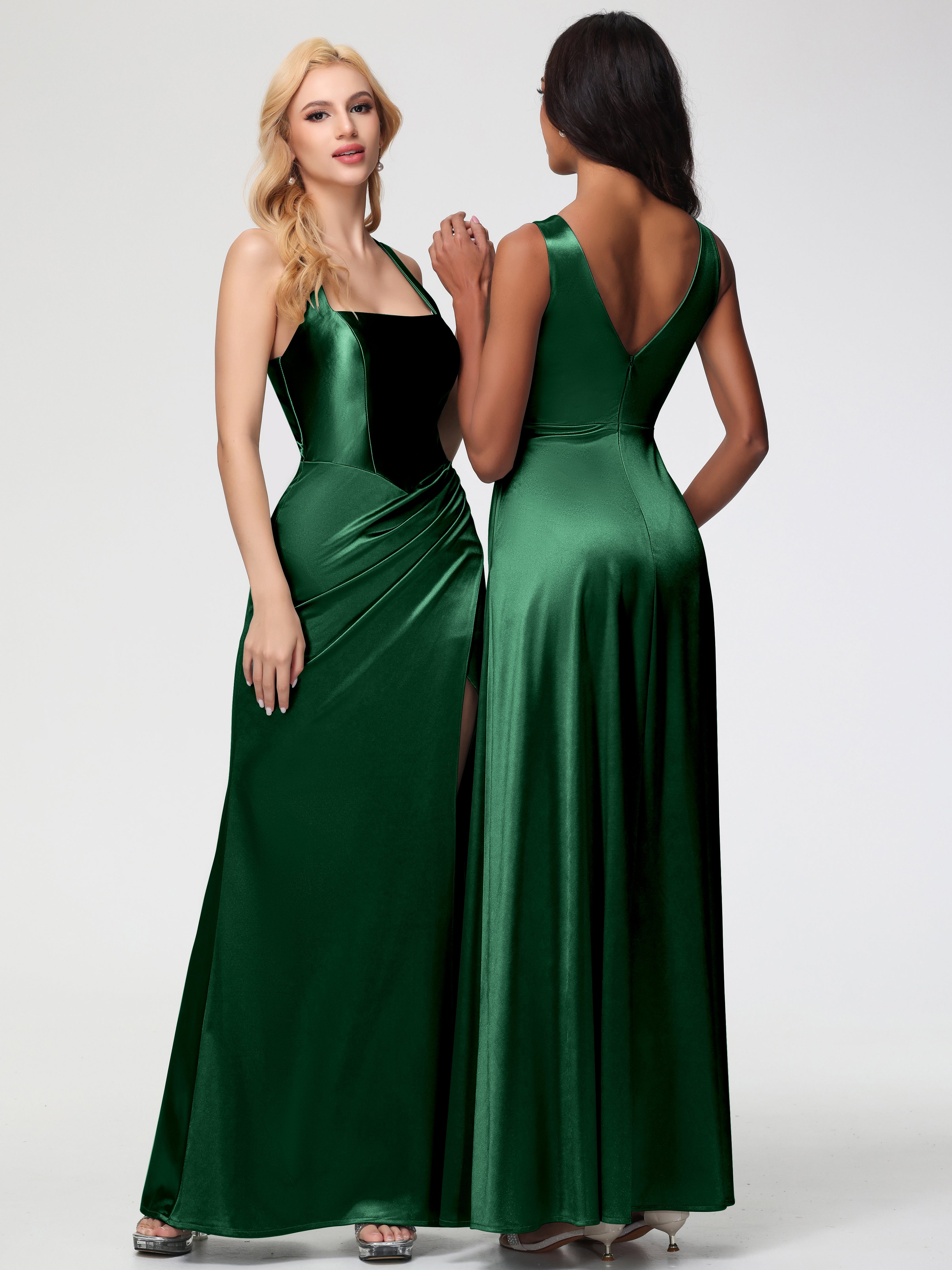 Robes De Demoiselle D'Honneur Vert Foncé Col Carré Fendue Trapèze Satin Extensible Robe De Demoiselle D'Honneur