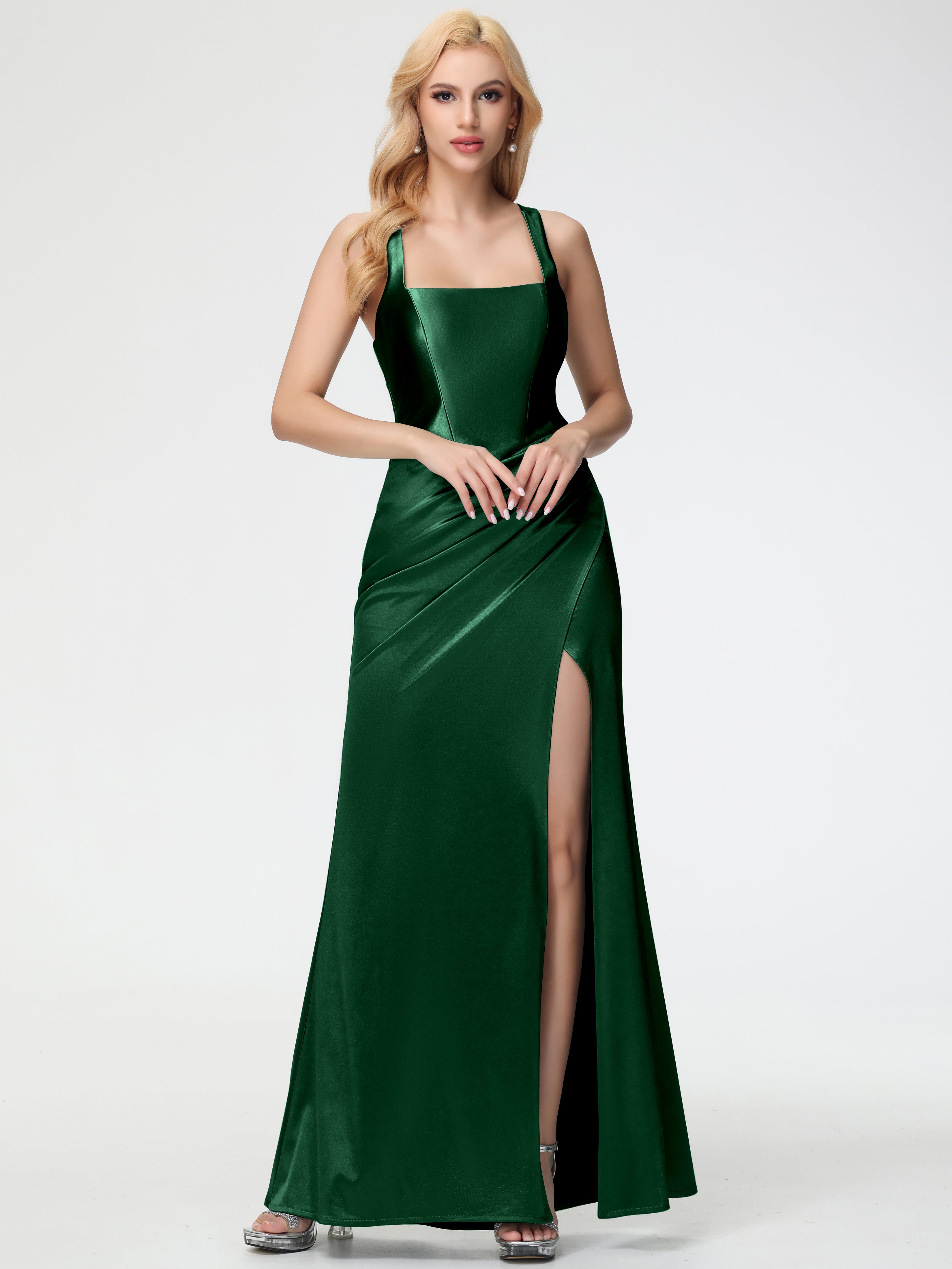 Robes De Demoiselle D'Honneur Vert Foncé Col Carré Fendue Trapèze Satin Extensible Robe De Demoiselle D'Honneur