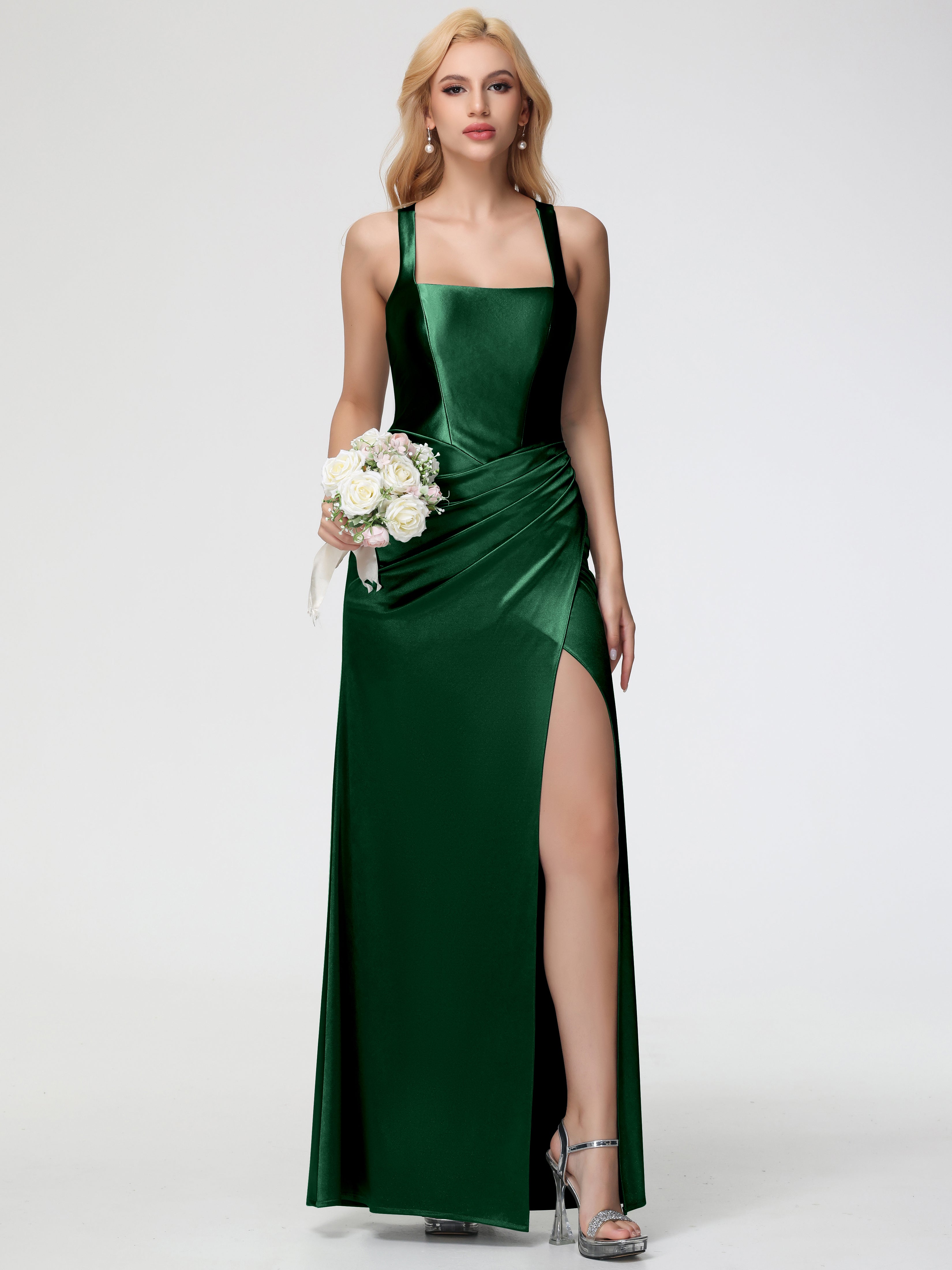Robes De Demoiselle D'Honneur Vert Foncé Col Carré Fendue Trapèze Satin Extensible Robe De Demoiselle D'Honneur