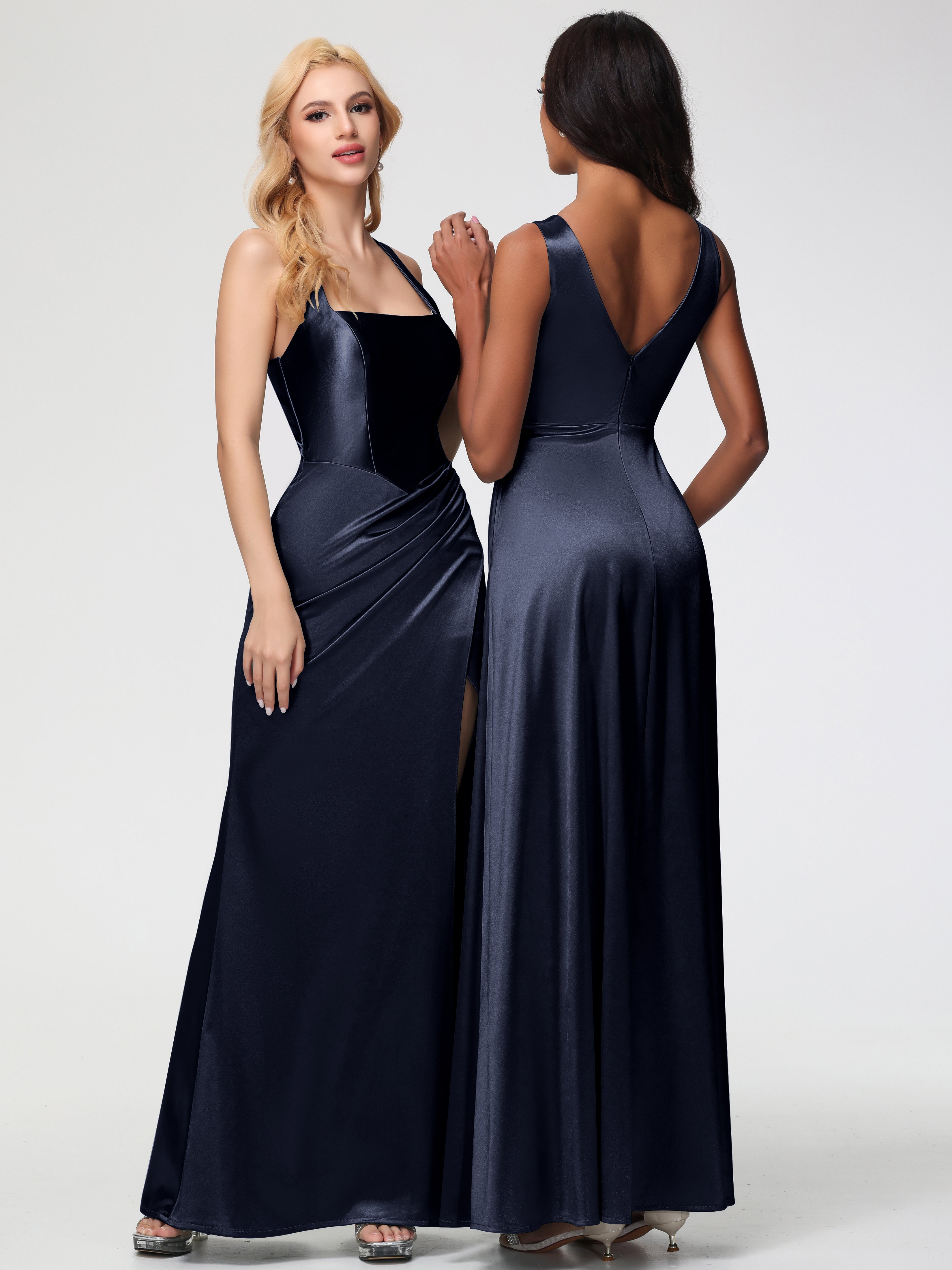 Robes De Demoiselle D'Honneur Bleu Marine Modestes Col Carré Fendue Trapèze Satin Extensible Robe De Demoiselle D'Honneur