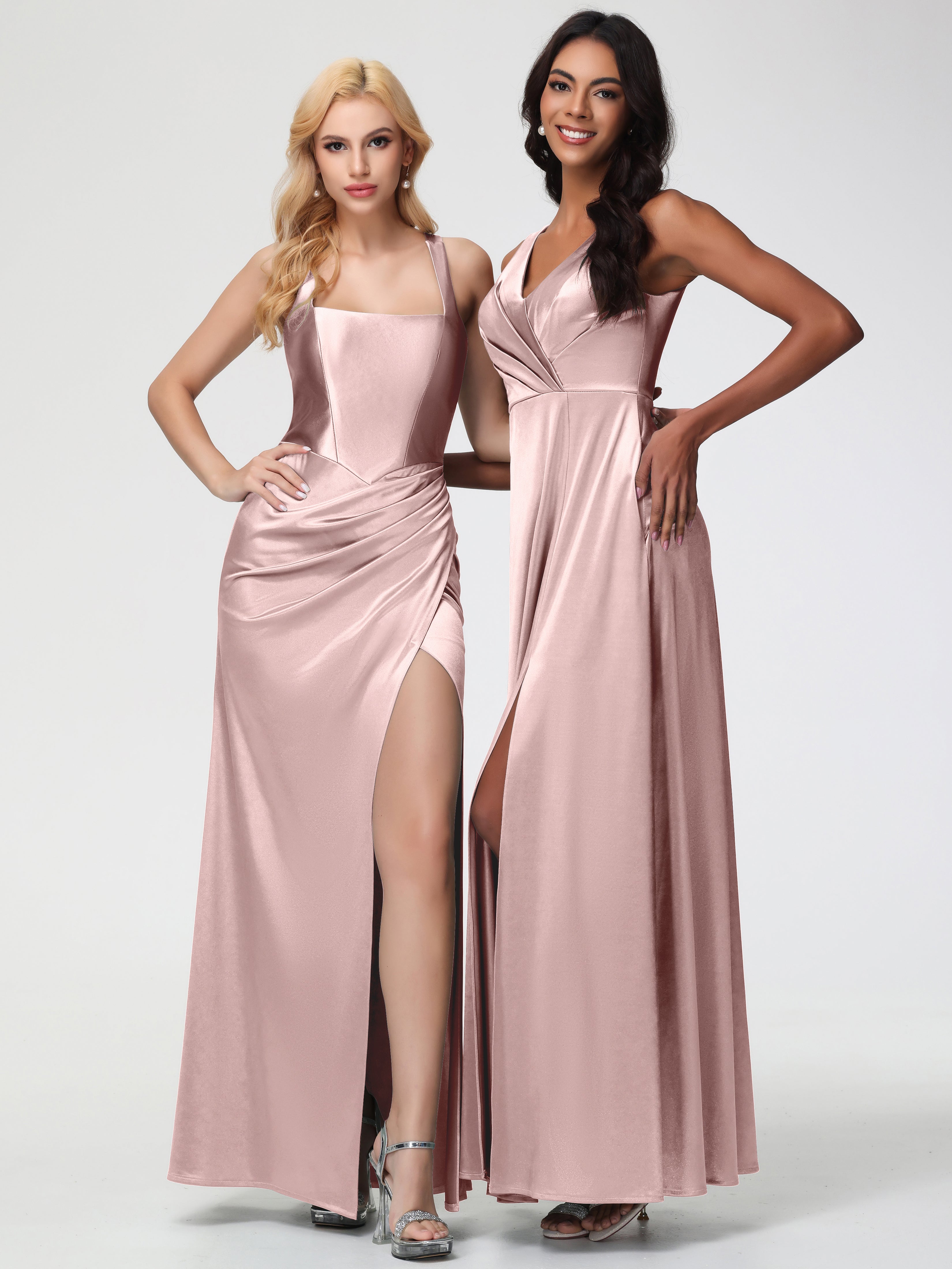 Robe Demoiselle D Honneur Rose Poudré Pas Cher Col Carré Fendue Trapèze Satin Extensible Robe De Demoiselle D'Honneur