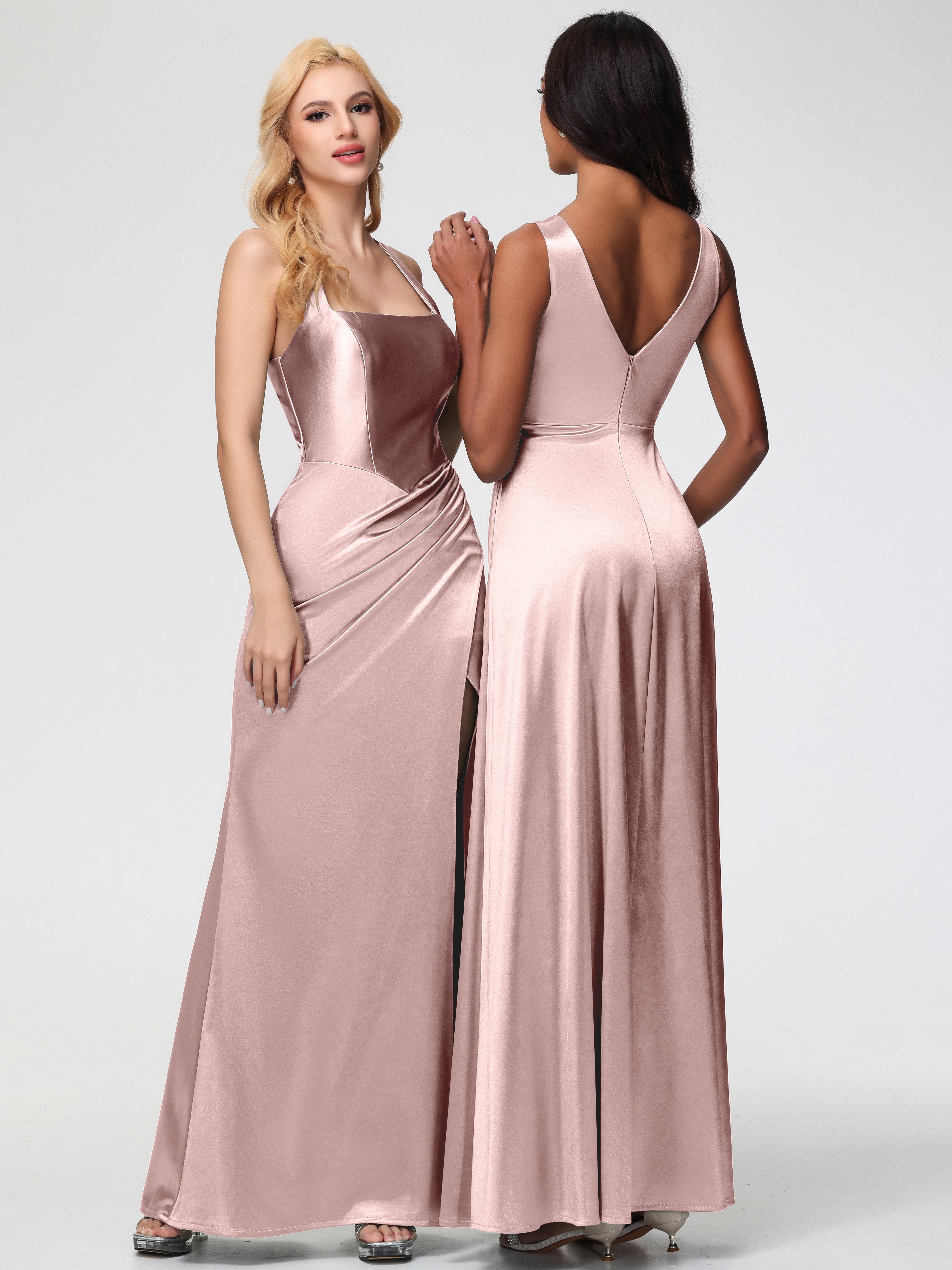 Robe Demoiselle D Honneur Rose Poudré Pas Cher Col Carré Fendue Trapèze Satin Extensible Robe De Demoiselle D'Honneur