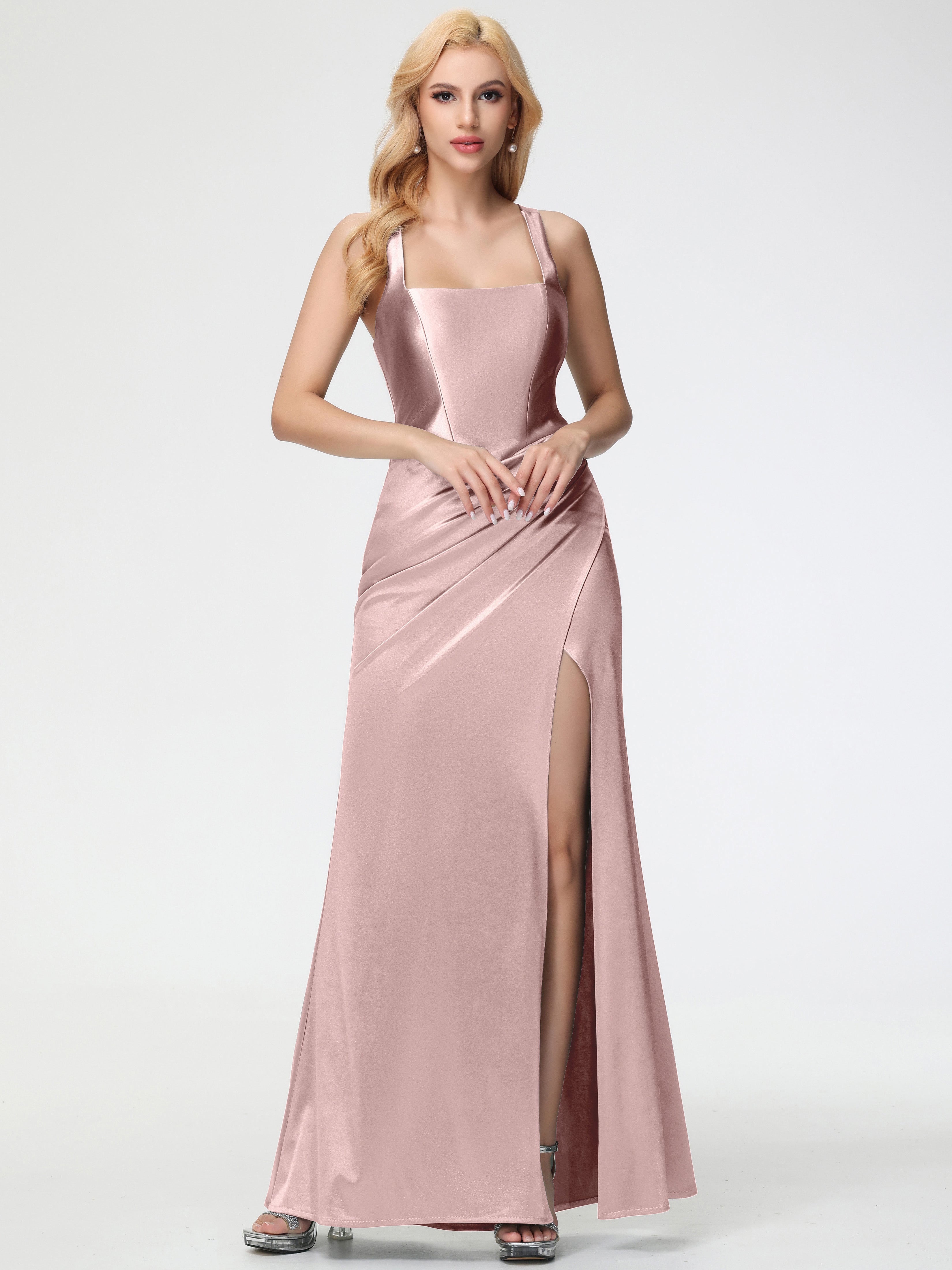 Robe Demoiselle D Honneur Rose Poudré Pas Cher Col Carré Fendue Trapèze Satin Extensible Robe De Demoiselle D'Honneur