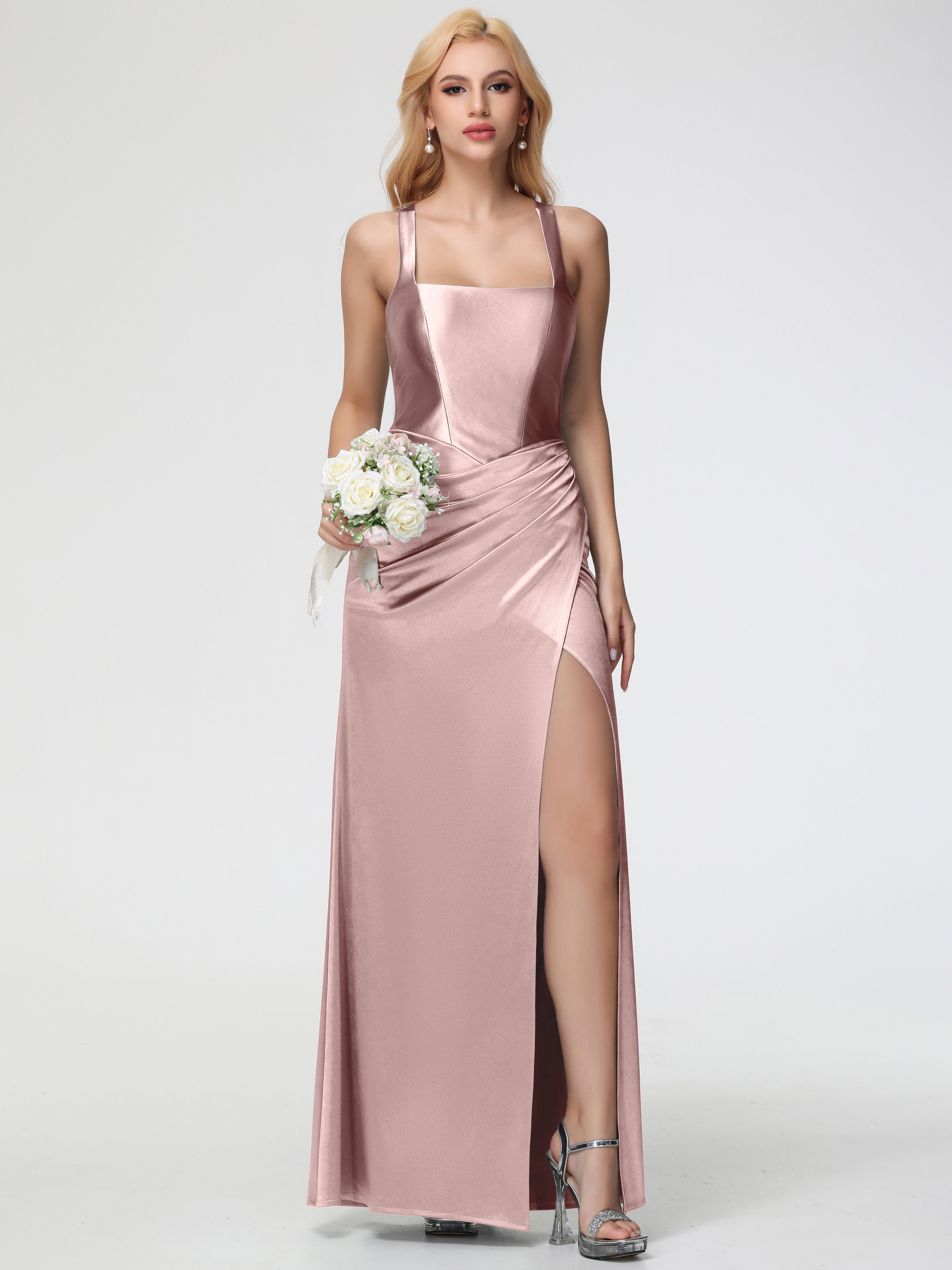 Robe Demoiselle D Honneur Rose Poudré Pas Cher Col Carré Fendue Trapèze Satin Extensible Robe De Demoiselle D'Honneur