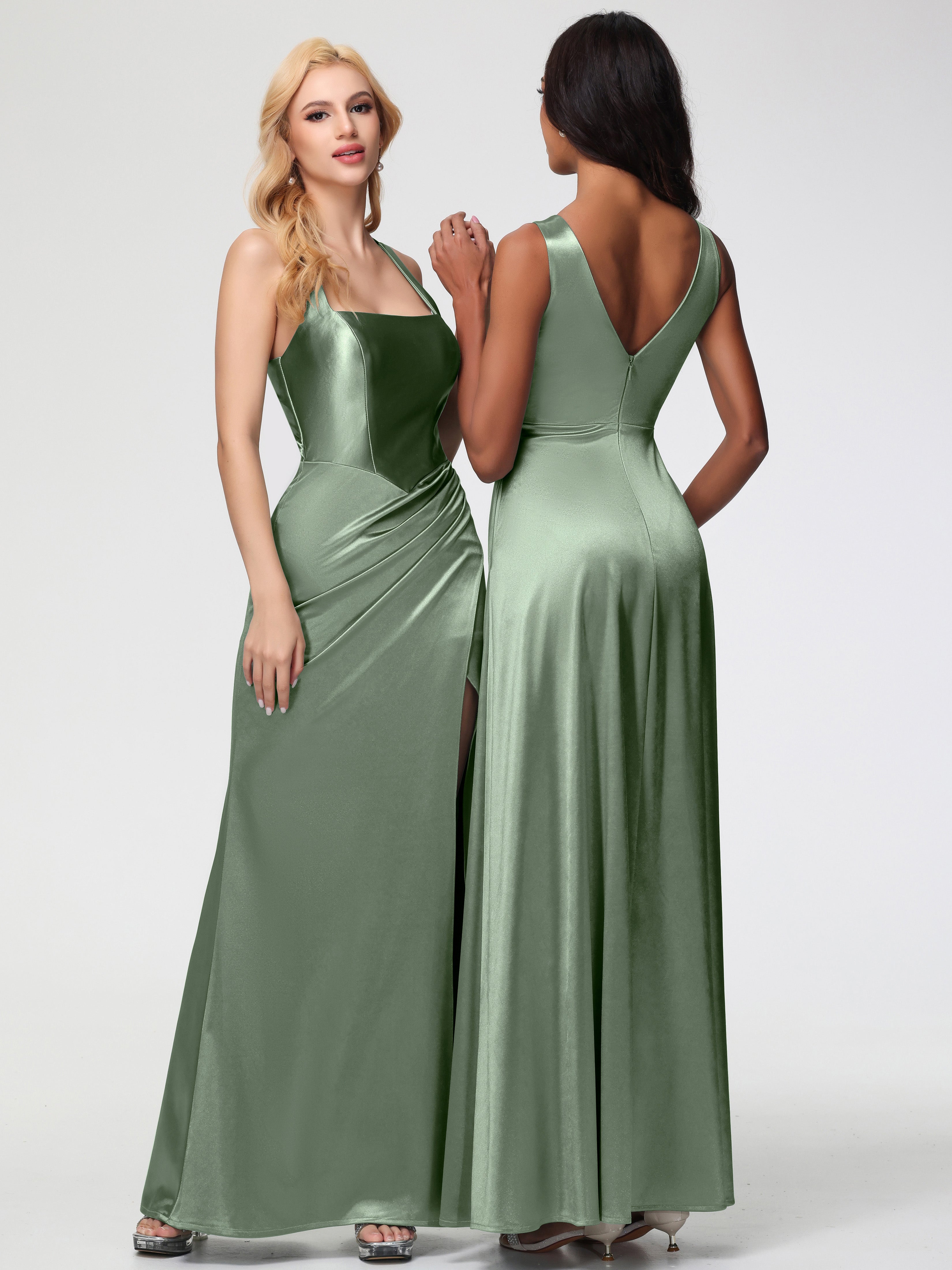 Robes De Demoiselle D'Honneur Vert Sauge Poussiéreux Col Carré Fendue Trapèze Satin Extensible Robe De Demoiselle D'Honneur