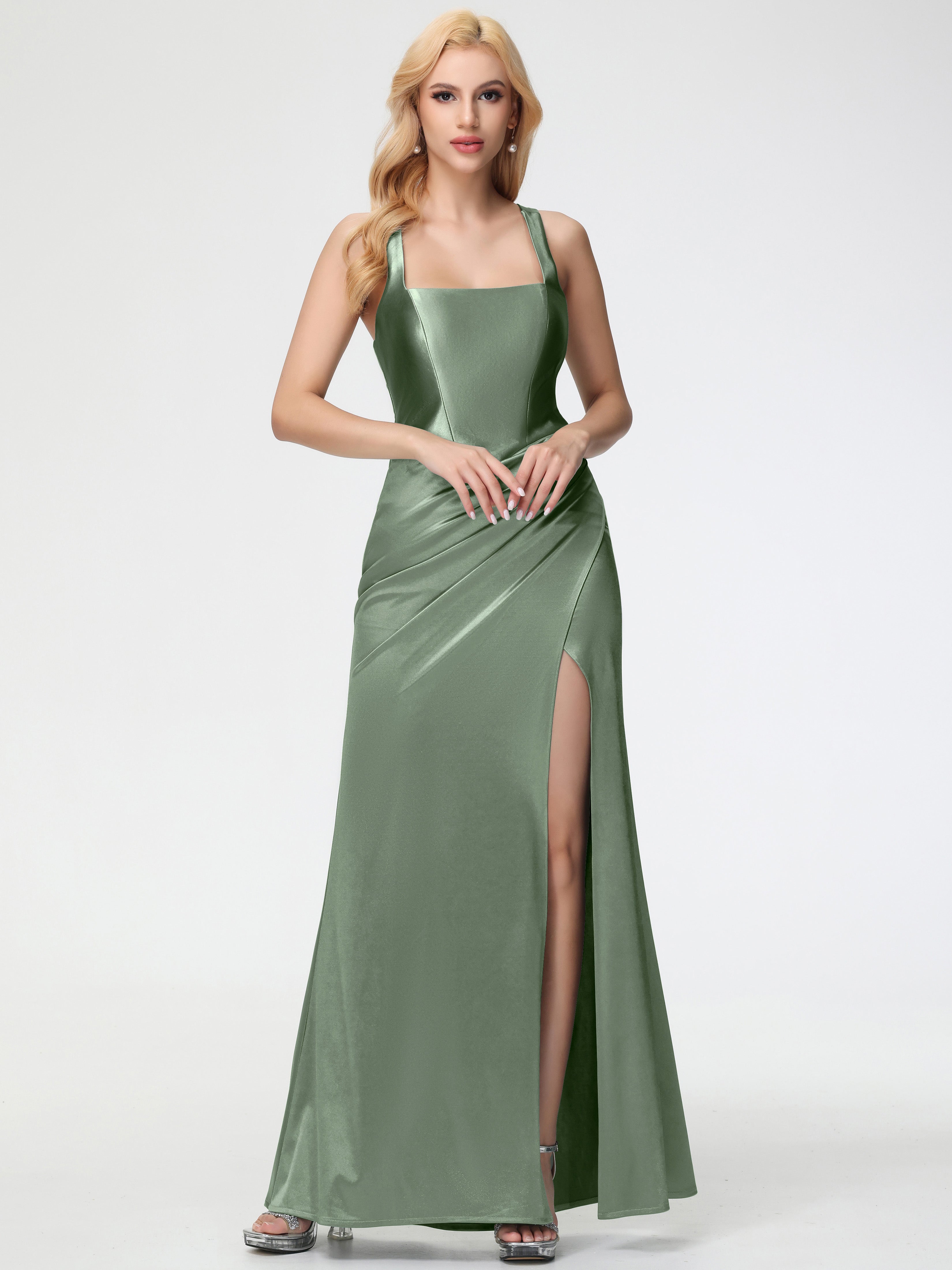 Robes De Demoiselle D'Honneur Vert Sauge Poussiéreux Col Carré Fendue Trapèze Satin Extensible Robe De Demoiselle D'Honneur