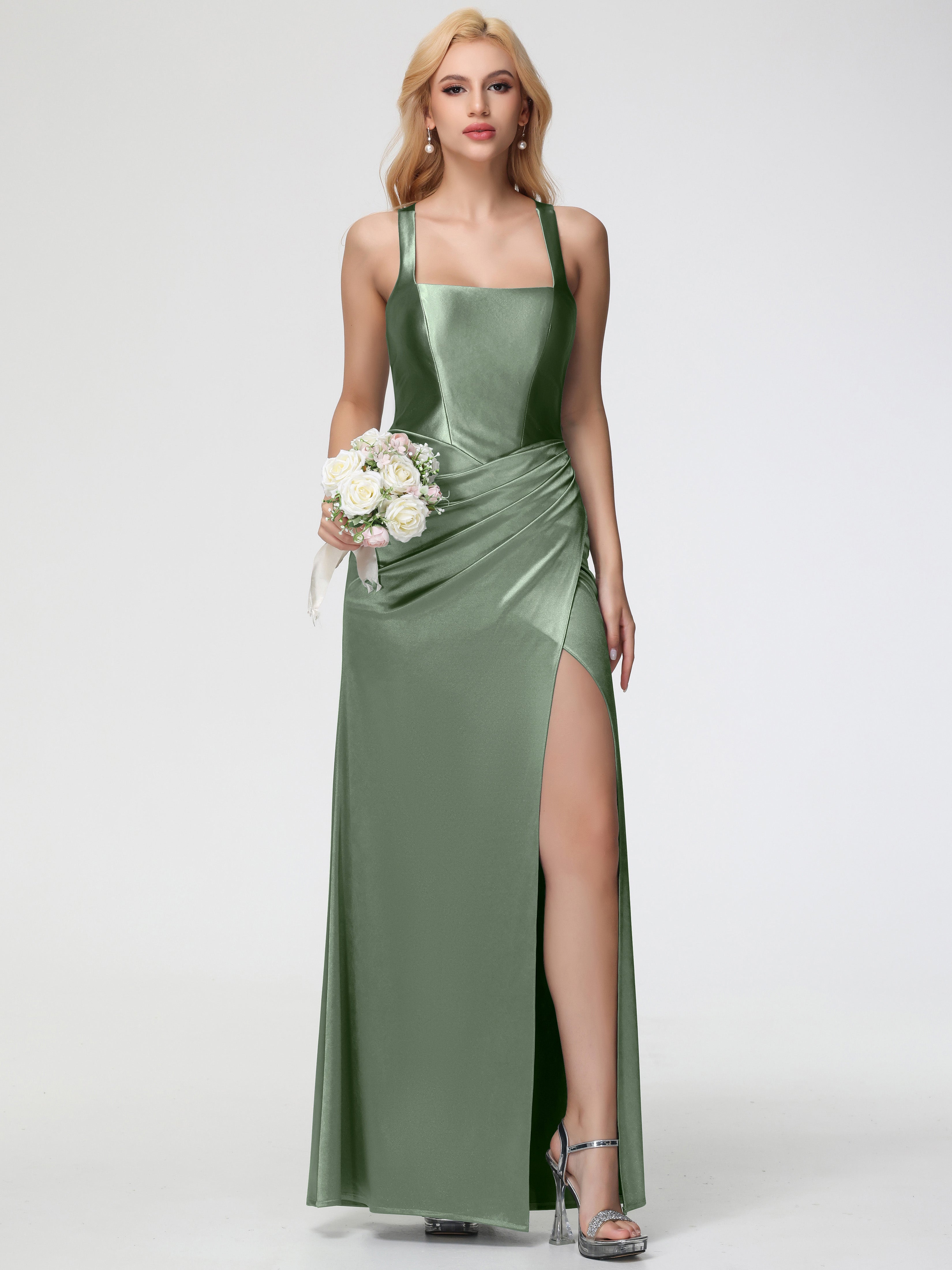 Robes De Demoiselle D'Honneur Vert Sauge Poussiéreux Col Carré Fendue Trapèze Satin Extensible Robe De Demoiselle D'Honneur