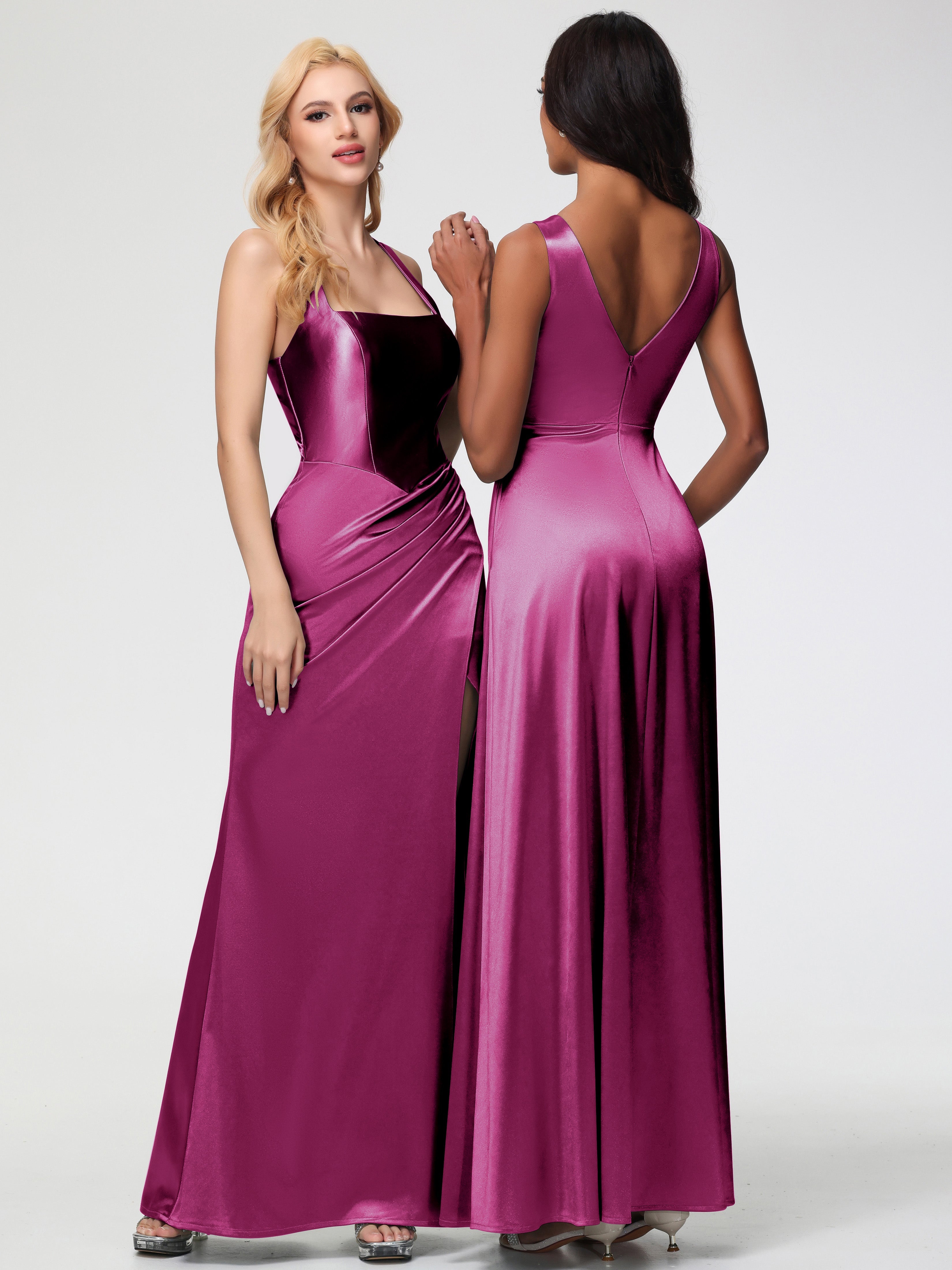 Robes De Demoiselle D'Honneur Rose Fuchsia Col Carré Fendue Trapèze Satin Extensible Robe De Demoiselle D'Honneur