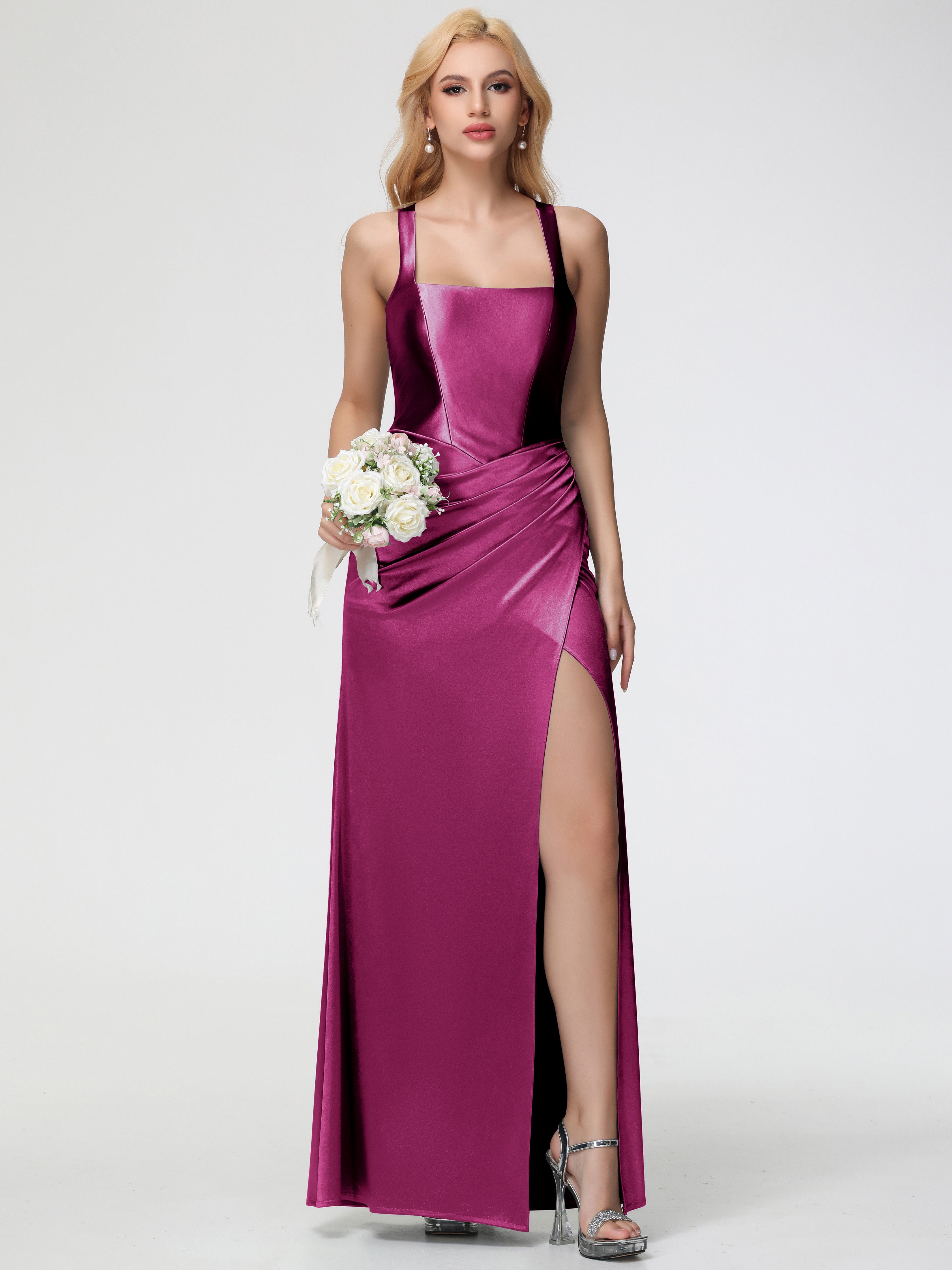 Robes De Demoiselle D'Honneur Rose Fuchsia Col Carré Fendue Trapèze Satin Extensible Robe De Demoiselle D'Honneur