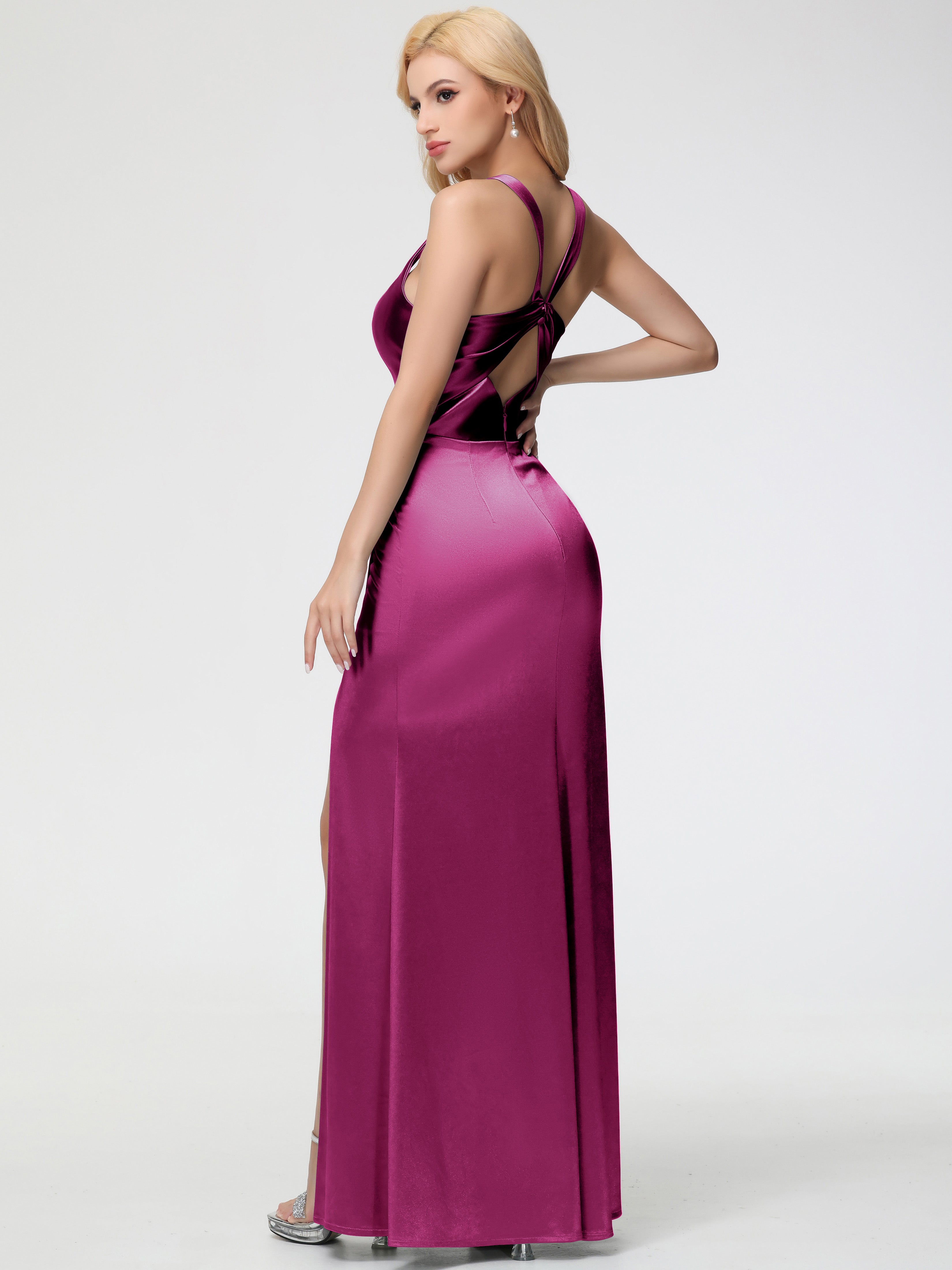 Robes De Demoiselle D'Honneur Rose Fuchsia Col Carré Fendue Trapèze Satin Extensible Robe De Demoiselle D'Honneur