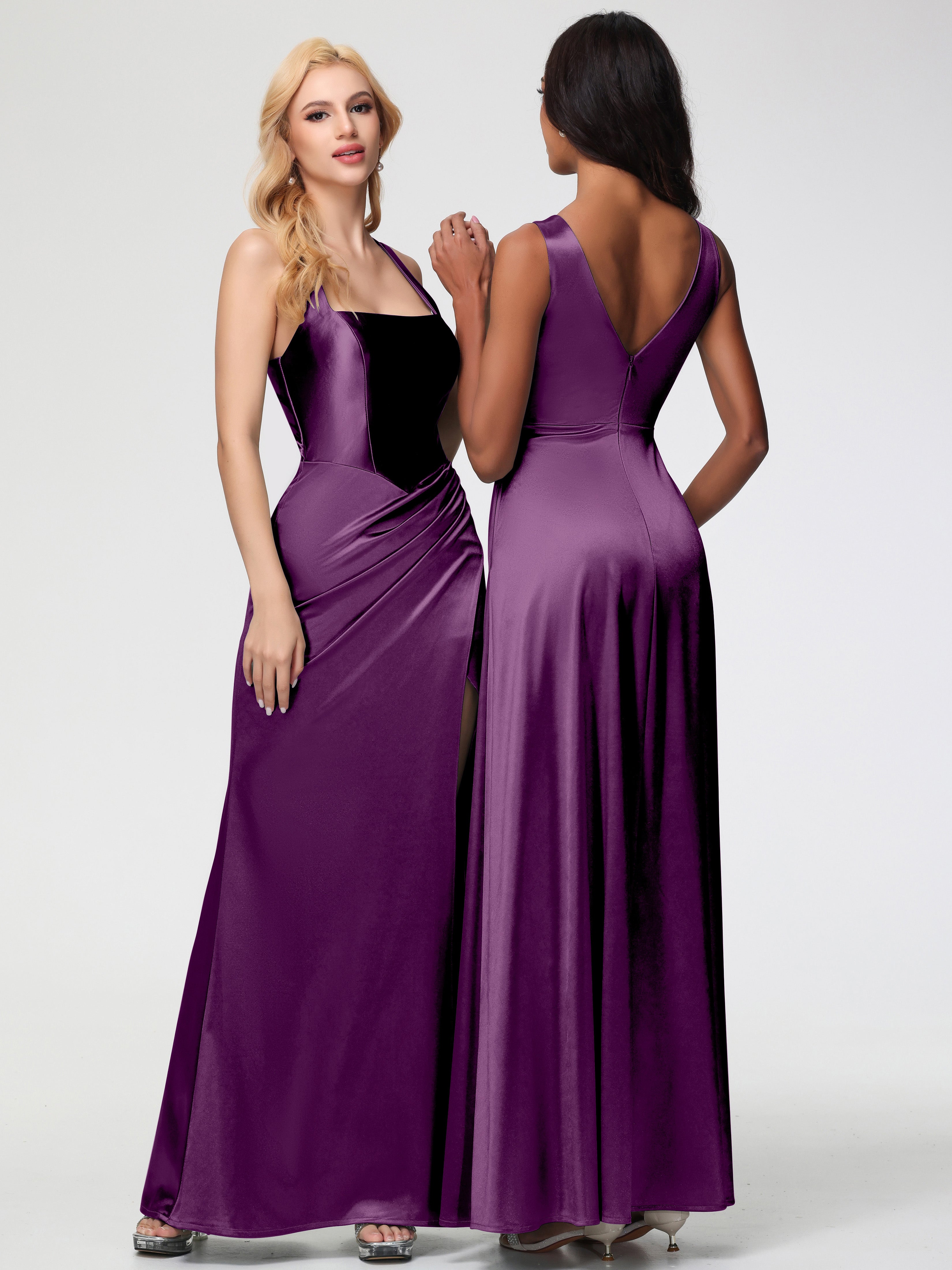 Robes De Demoiselle D'Honneur En Raisin Col Carré Fendue Trapèze Satin Extensible Robe De Demoiselle D'Honneur