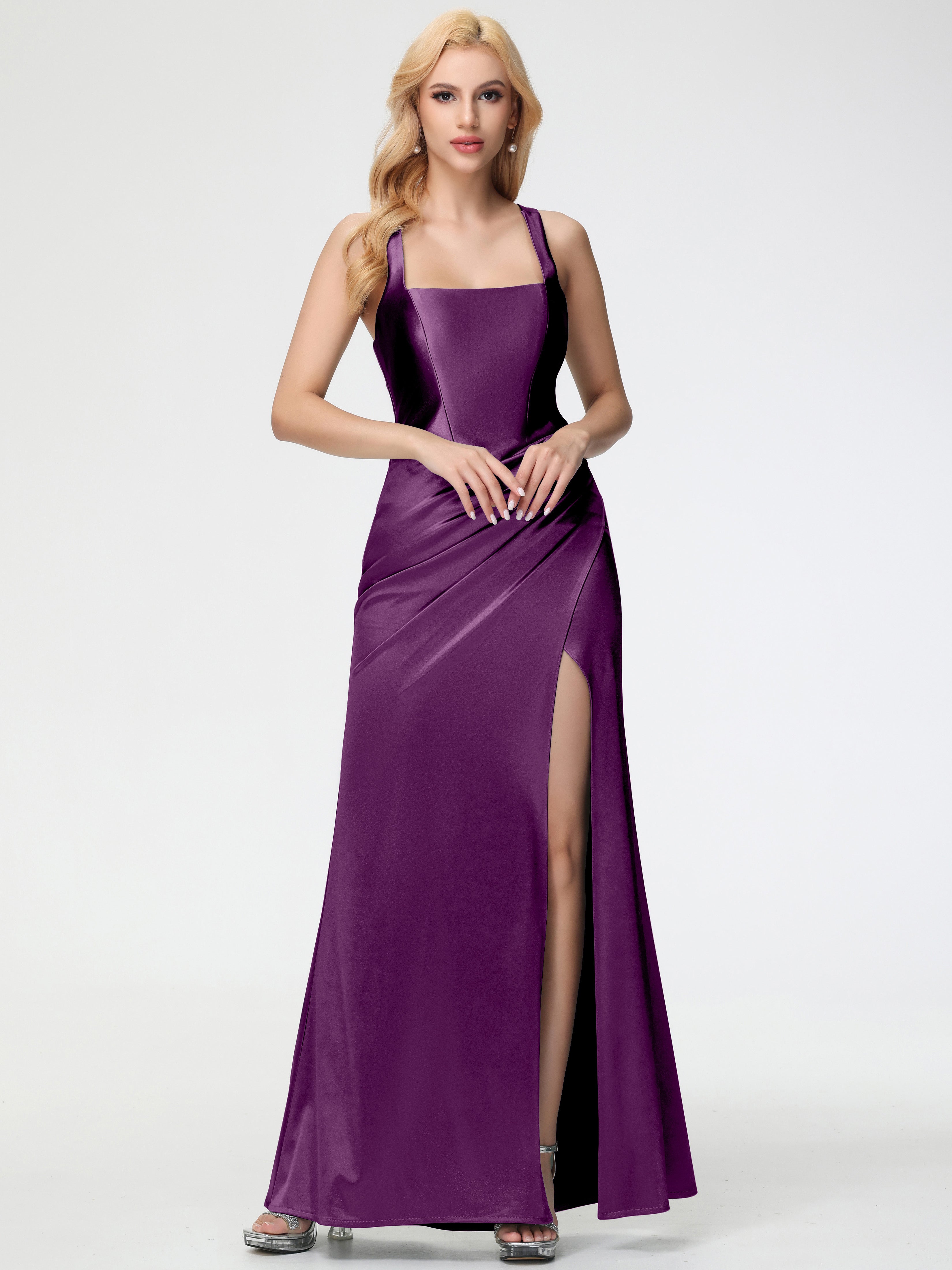 Robes De Demoiselle D'Honneur En Raisin Col Carré Fendue Trapèze Satin Extensible Robe De Demoiselle D'Honneur